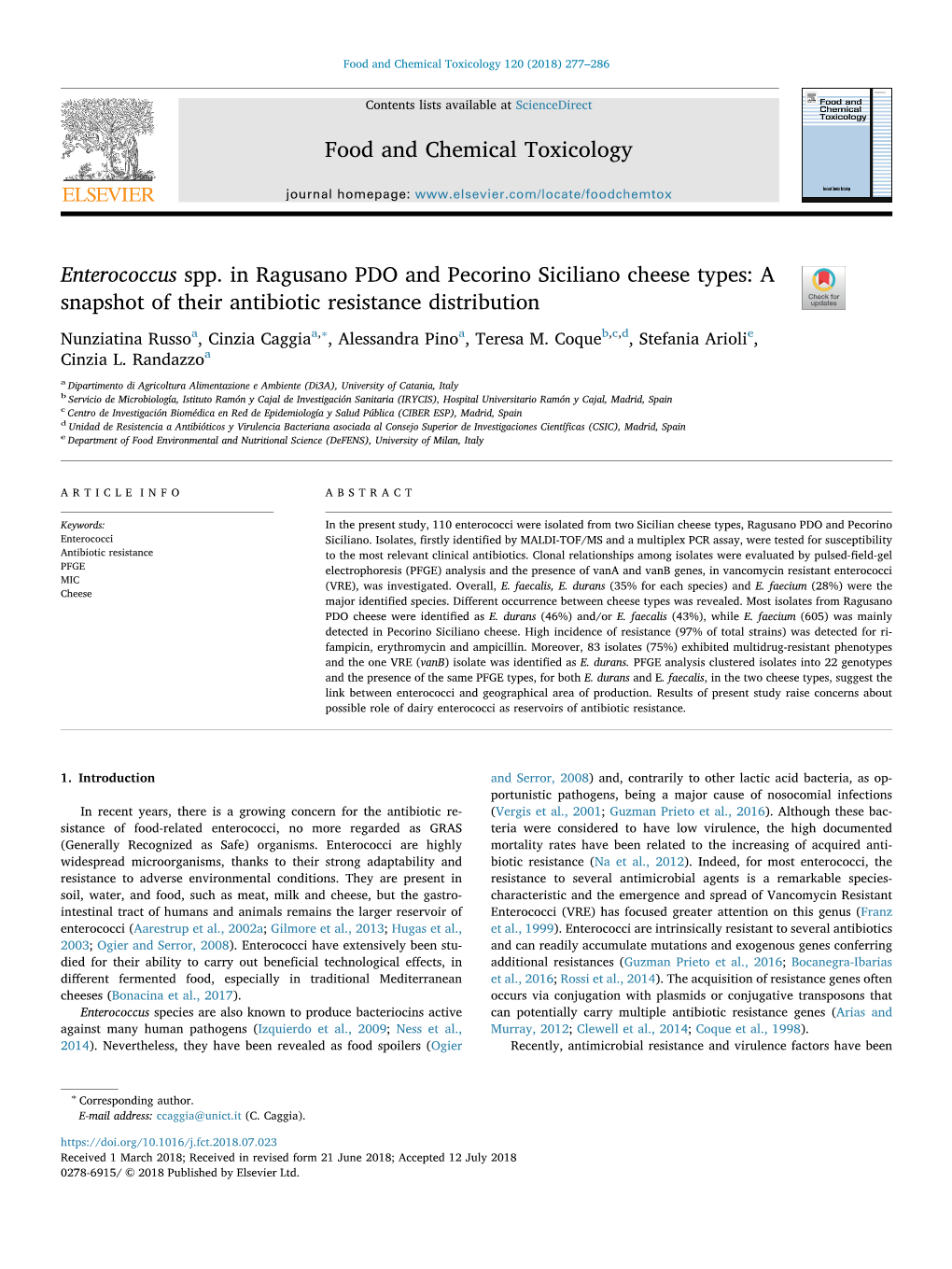 Enterococcus Spp. in Ragusano PDO and Pecorino Siciliano Cheese Types: a Snapshot of Their Antibiotic Resistance Distribution T