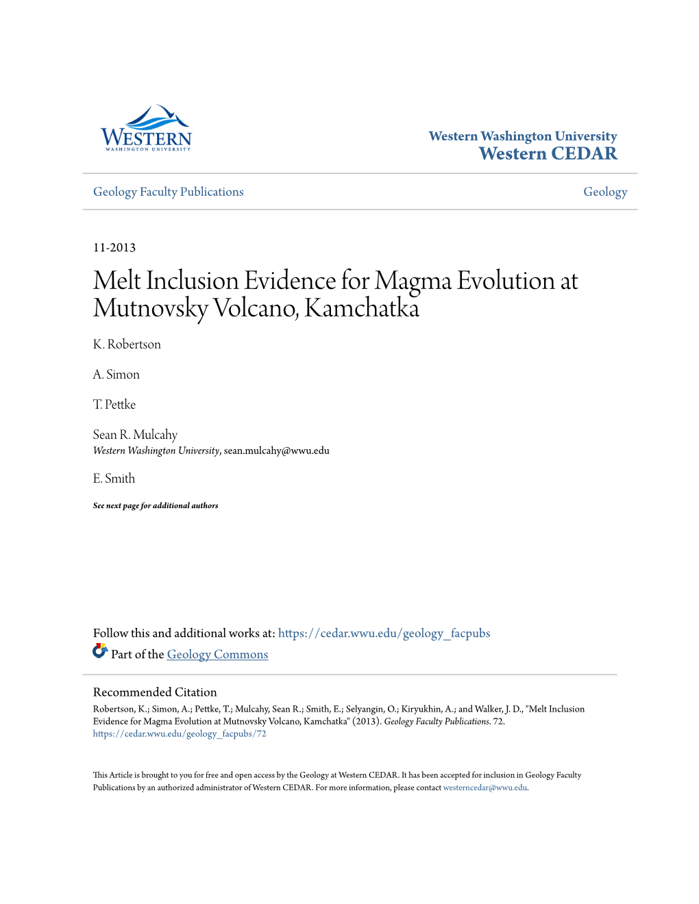 Melt Inclusion Evidence for Magma Evolution at Mutnovsky Volcano, Kamchatka K