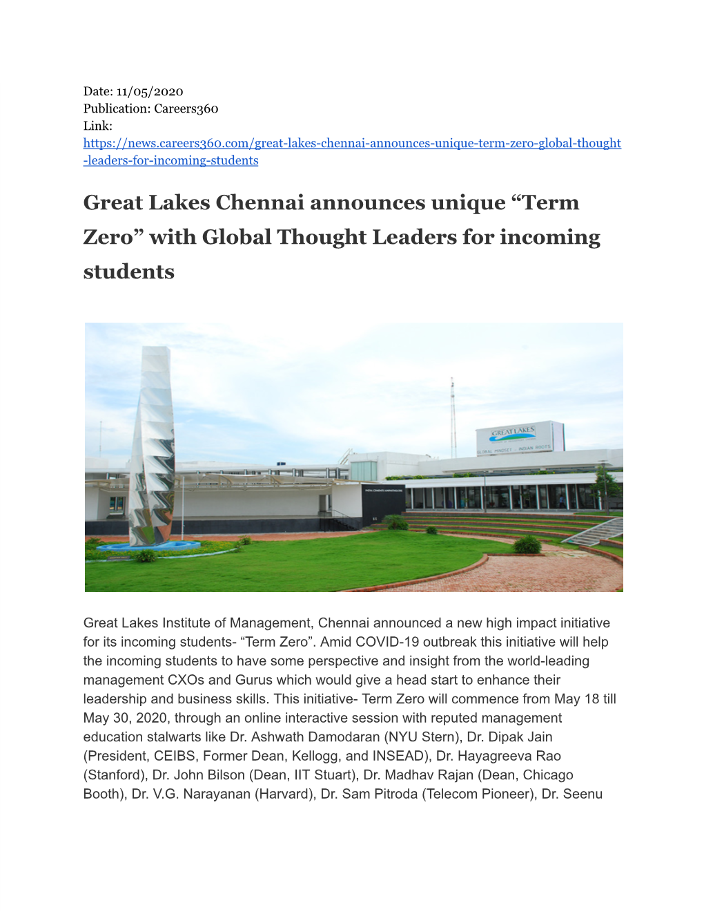 Great Lakes Chennai Announces Unique “Term Zero” with Global Thought Leaders for Incoming Students
