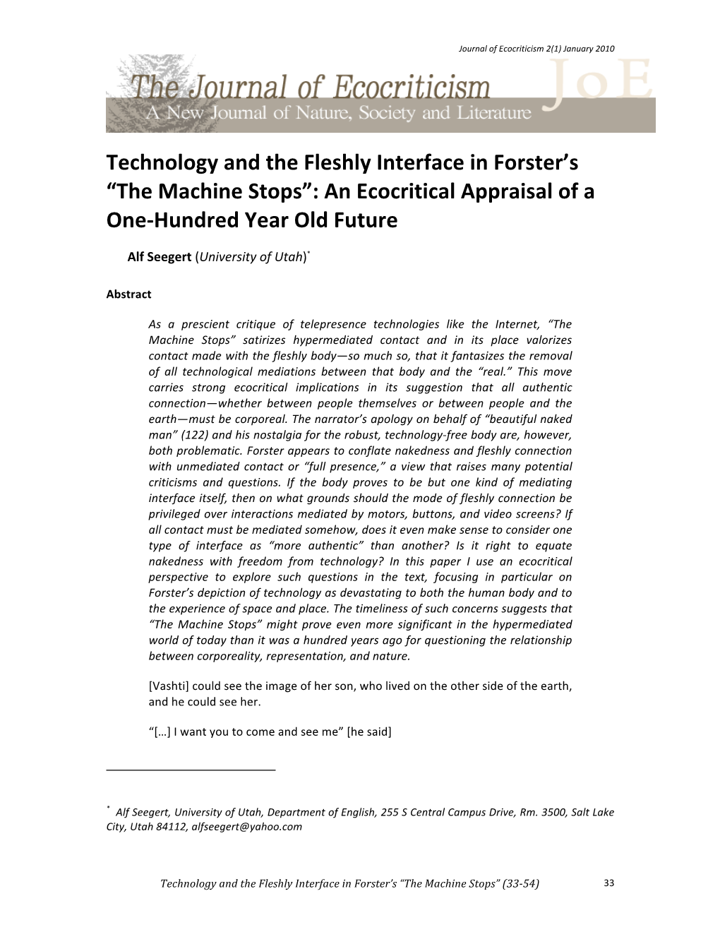 Technology and the Fleshly Interface in Forster's “The Machine Stops”