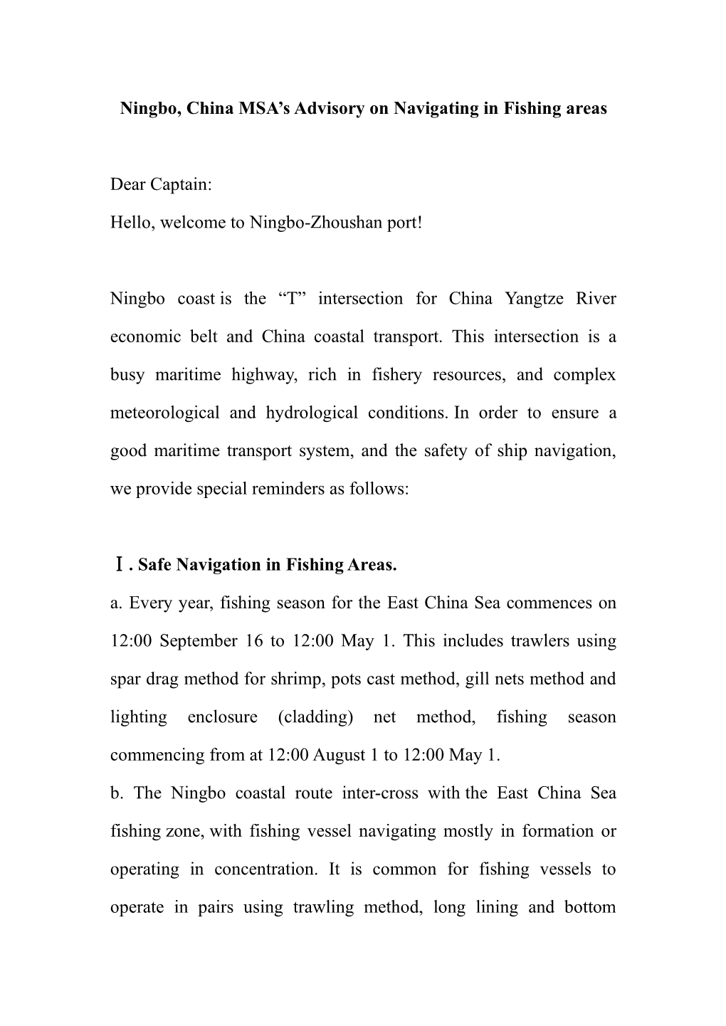 Ningbo, China MSA's Advisory on Navigating in Fishing Areas