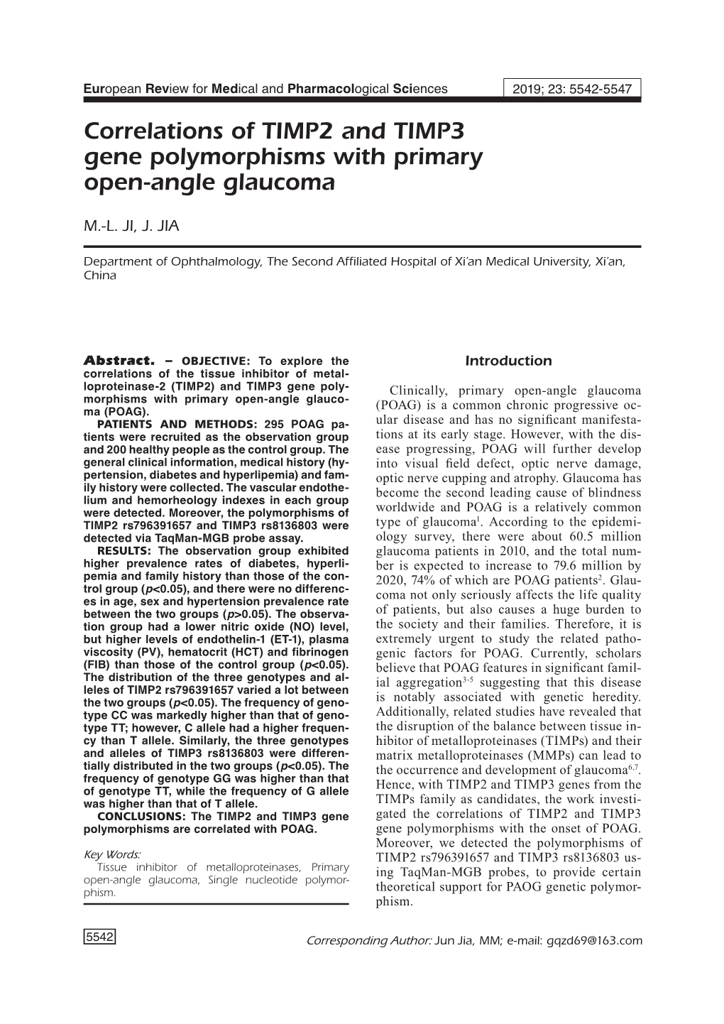Correlations of TIMP2 and TIMP3 Gene Polymorphisms with Primary Open-Angle Glaucoma