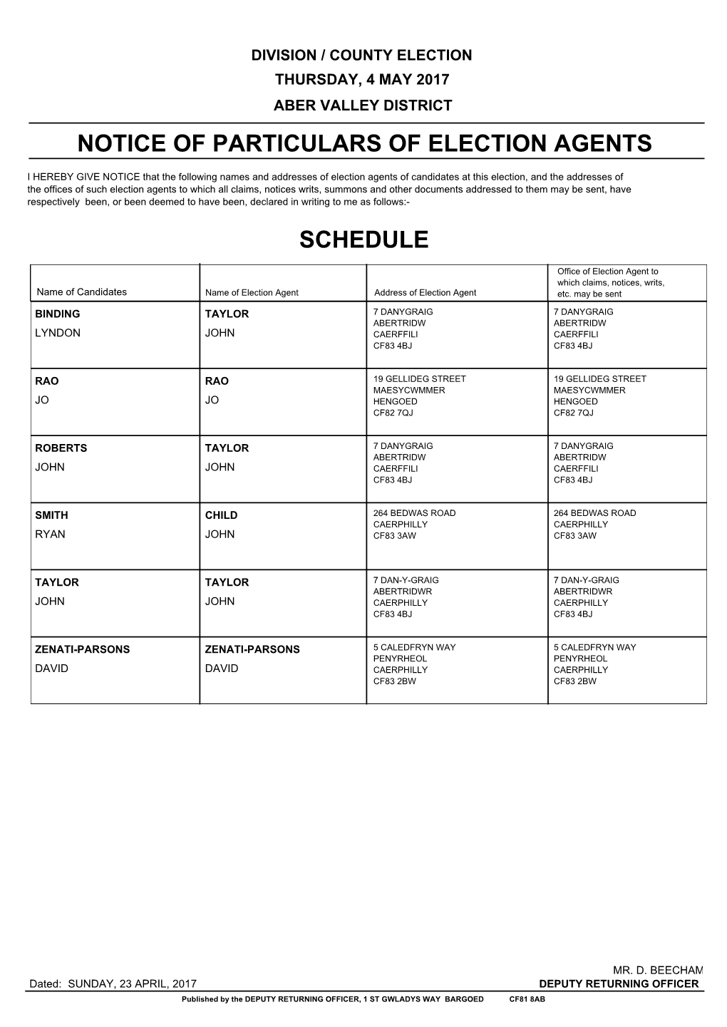 Notice of Particulars of Election Agents Schedule