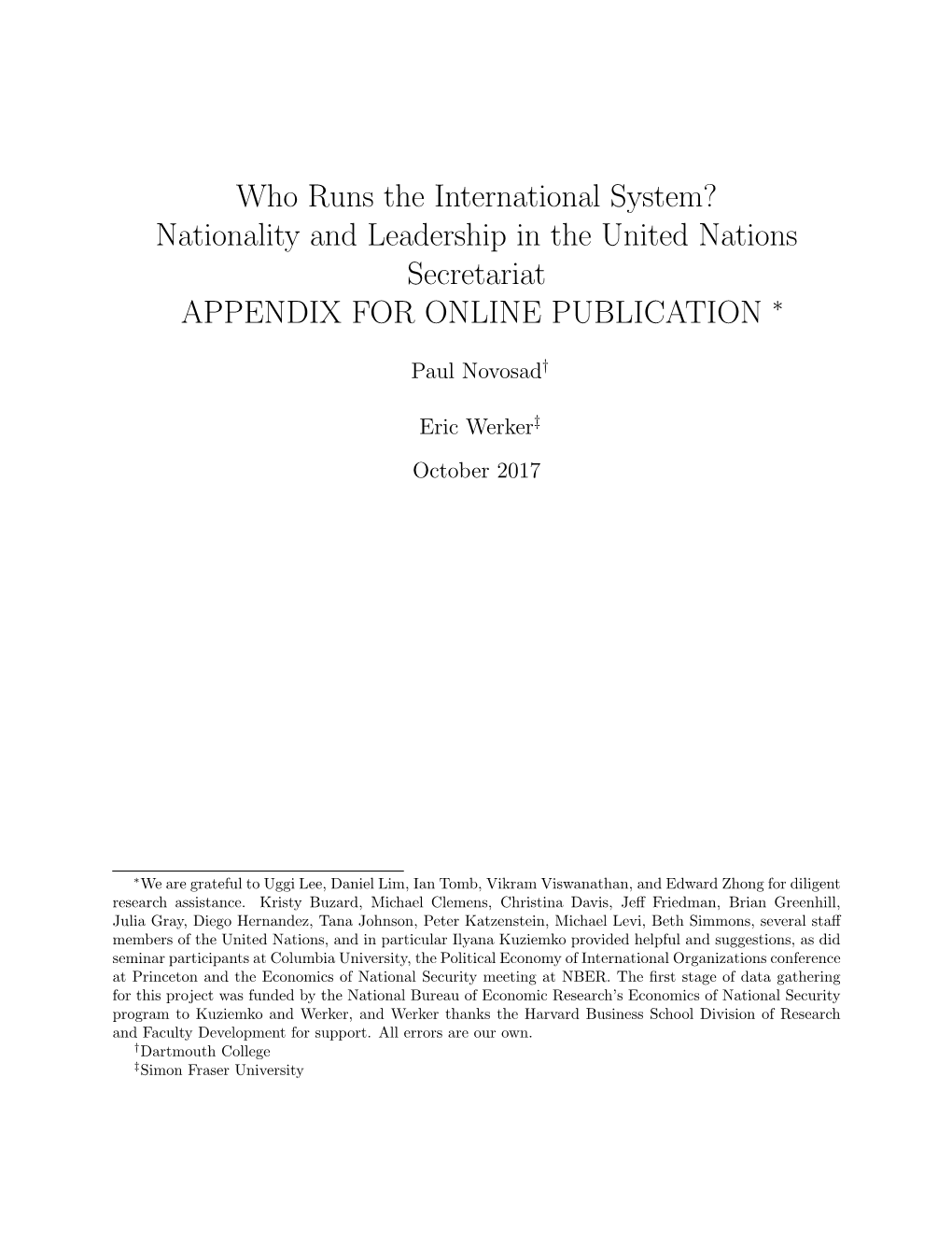 Who Runs the International System? Nationality and Leadership in the United Nations Secretariat APPENDIX for ONLINE PUBLICATION ∗