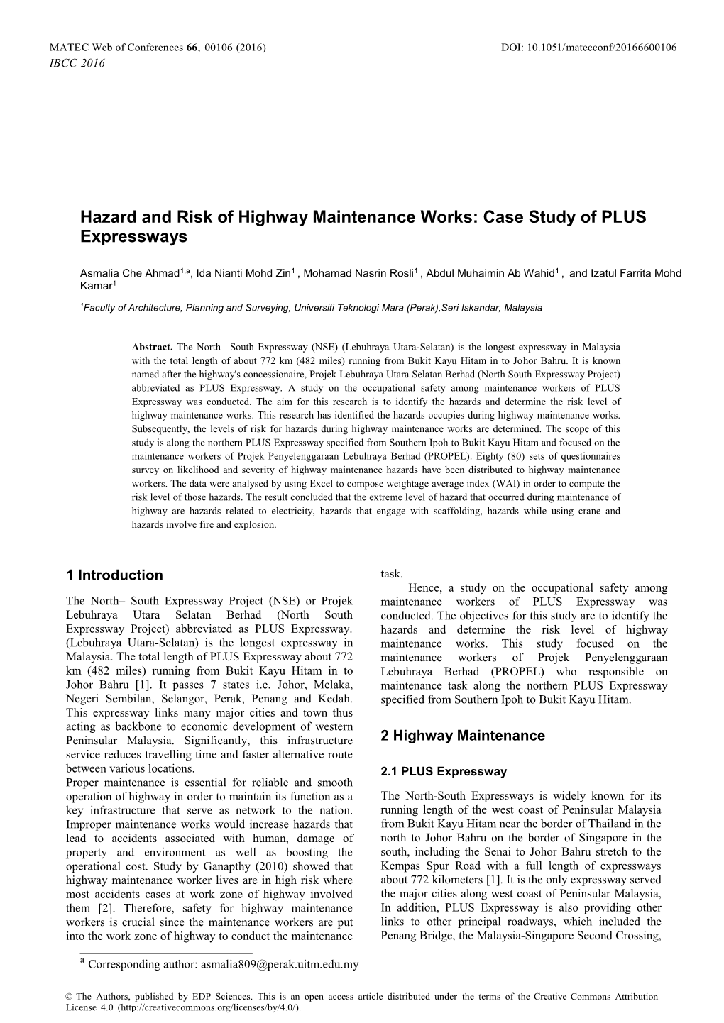 Hazard and Risk of Highway Maintenance Works: Case Study of PLUS Expressways