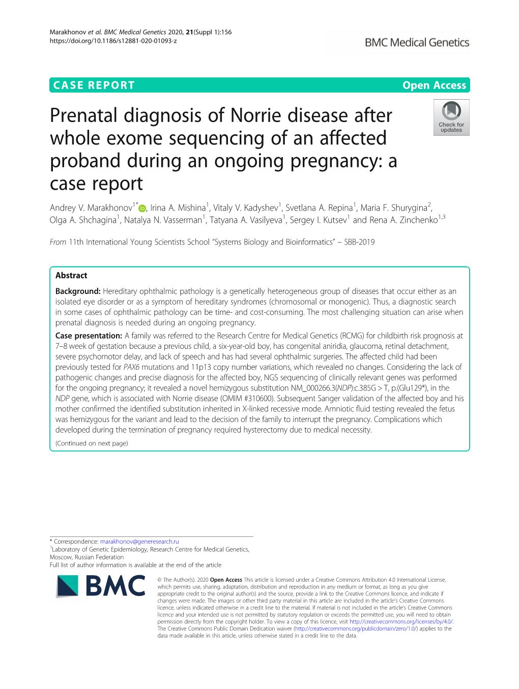 Prenatal Diagnosis of Norrie Disease After Whole Exome Sequencing of an Affected Proband During an Ongoing Pregnancy: a Case Report Andrey V