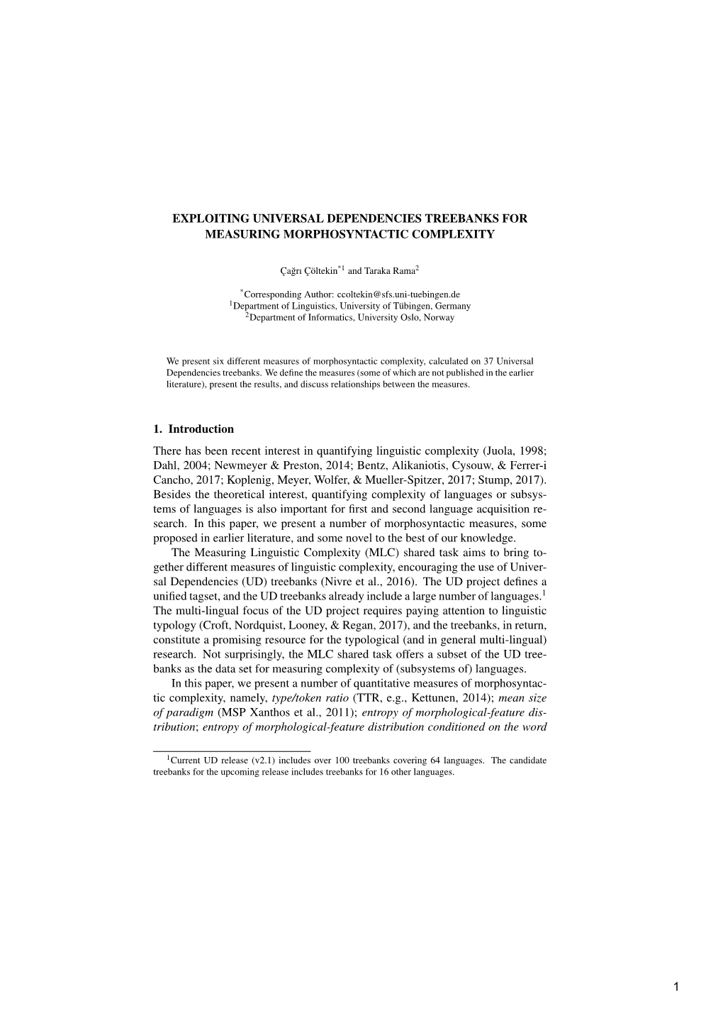 Exploiting Universal Dependencies Treebanks for Measuring Morphosyntactic Complexity