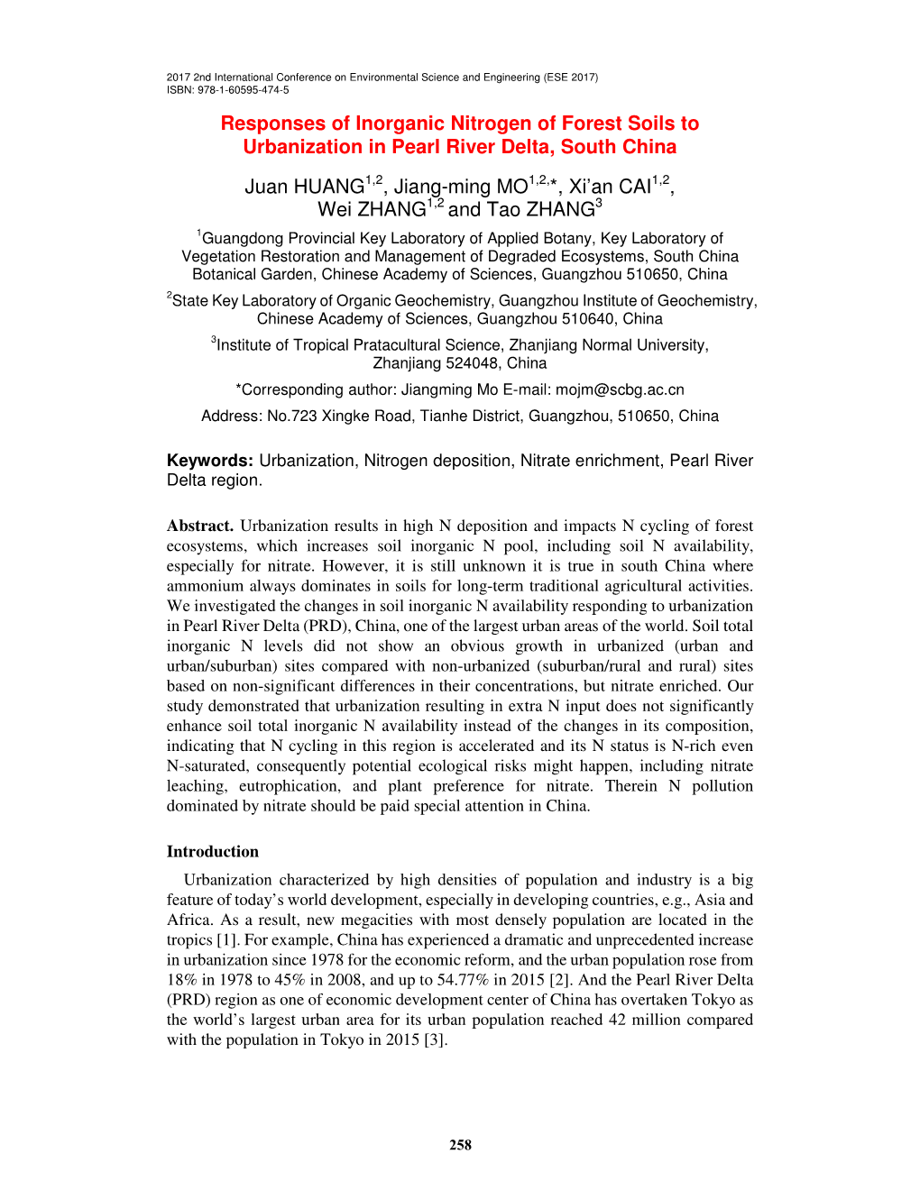 Responses of Inorganic Nitrogen of Forest Soils to Urbanization in Pearl River Delta, South China