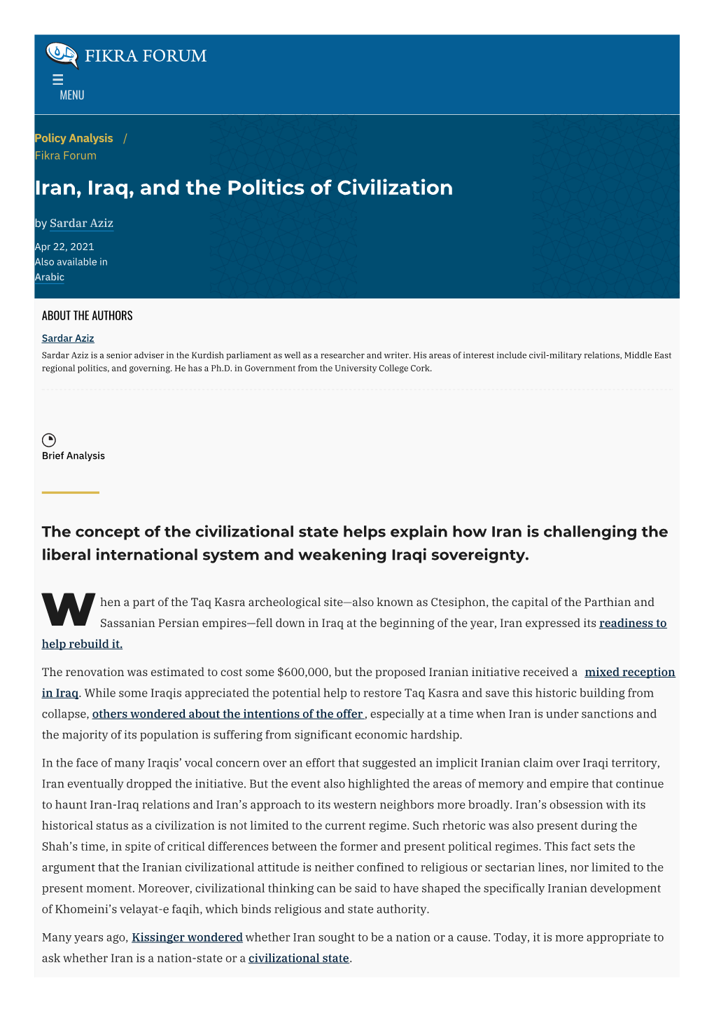 Iran, Iraq, and the Politics of Civilization | the Washington Institute