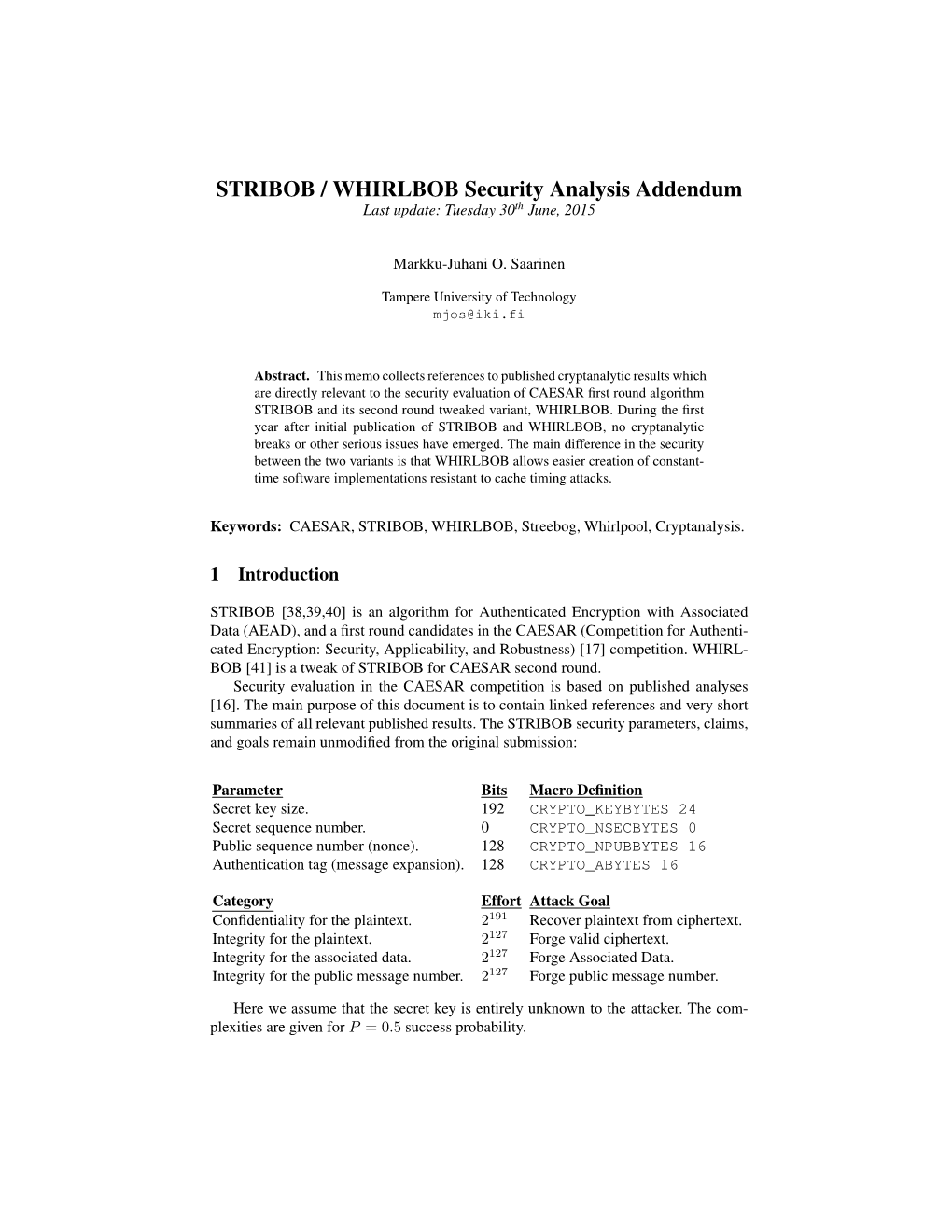 STRIBOB / WHIRLBOB Security Analysis Addendum Last Update: Tuesday 30Th June, 2015