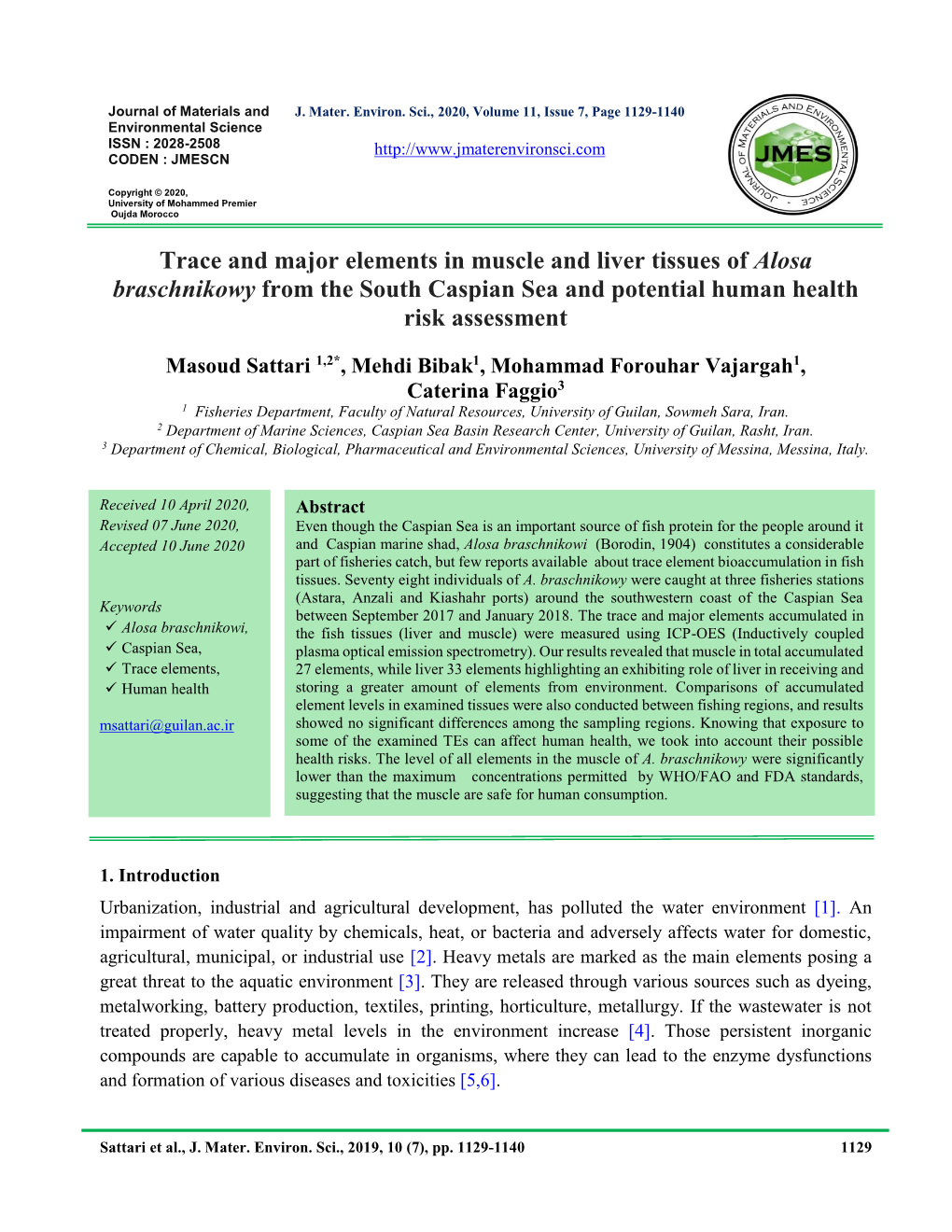 Trace and Major Elements in Muscle and Liver Tissues of Alosa Braschnikowy from the South Caspian Sea and Potential Human Health Risk Assessment