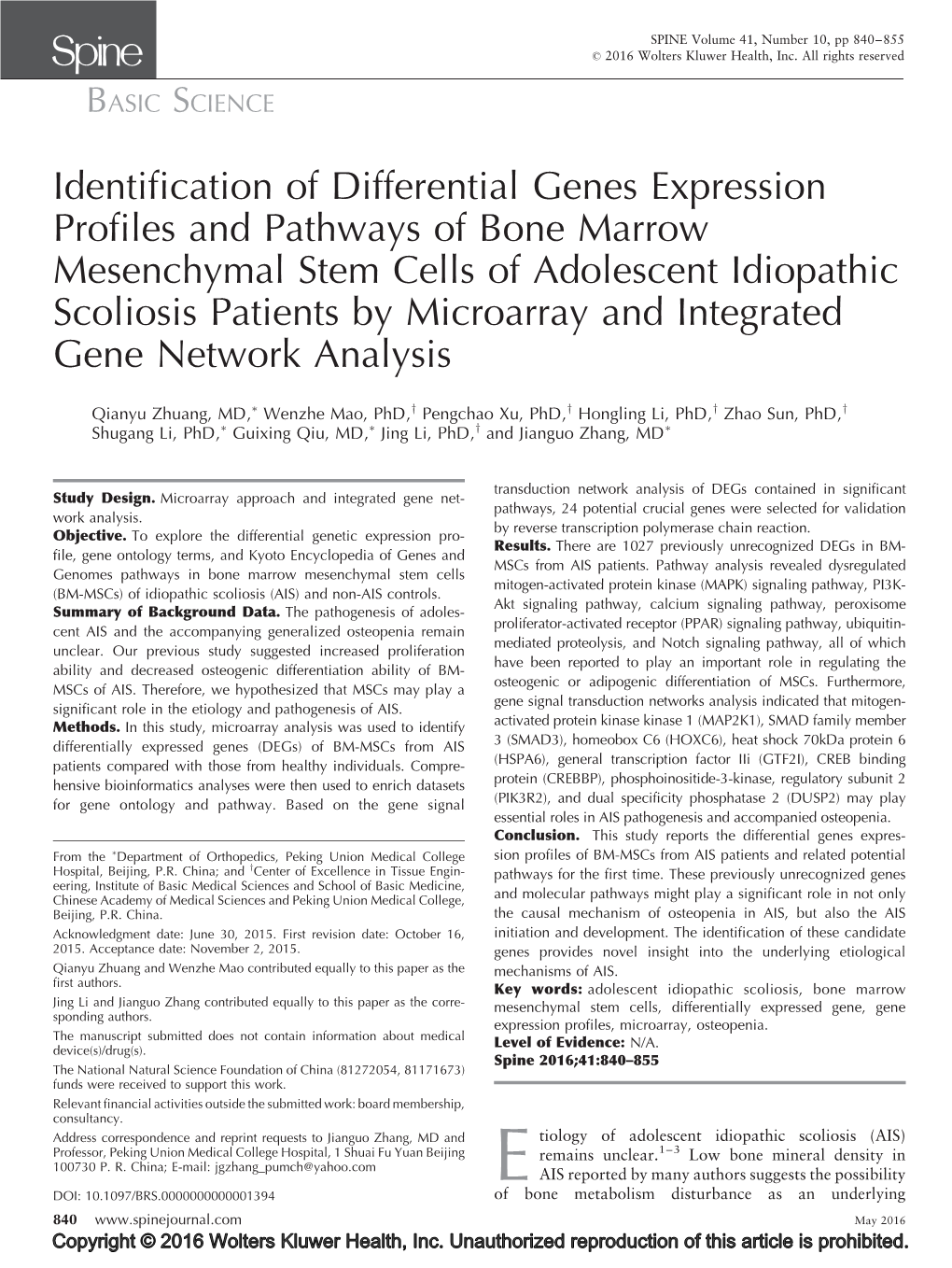 Identification of Differential Genes Expression Profiles and Pathways of Bone Marrow Mesenchymal Stem Cells of Adolescent Idiopa