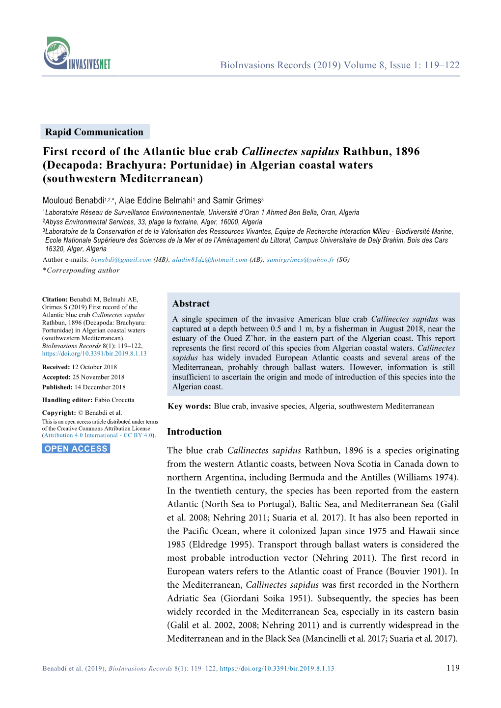 First Record of the Atlantic Blue Crab Callinectes Sapidus Rathbun, 1896 (Decapoda: Brachyura: Portunidae) in Algerian Coastal Waters (Southwestern Mediterranean)