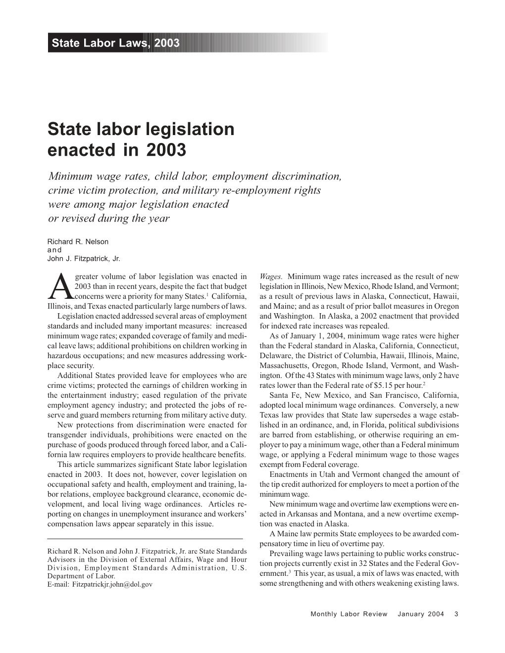 State Labor Legislation Enacted in 2003