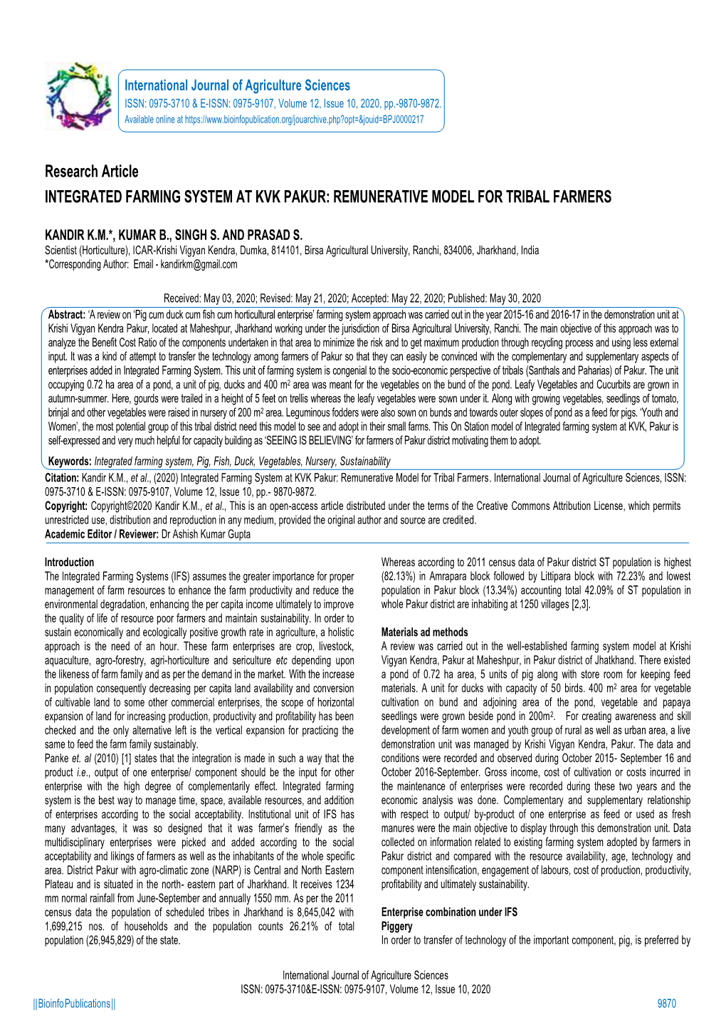 Research Article INTEGRATED FARMING SYSTEM at KVK PAKUR: REMUNERATIVE MODEL for TRIBAL FARMERS