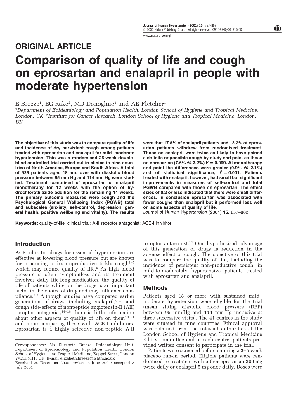 Comparison of Quality of Life and Cough on Eprosartan and Enalapril in People with Moderate Hypertension