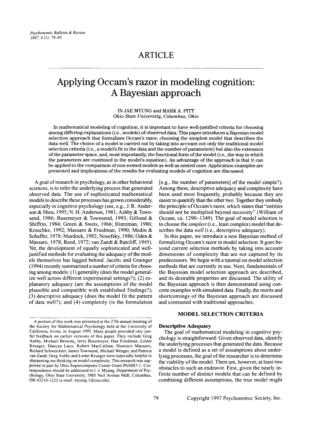 Applying Occam's Razor in Modeling Cognition: a Bayesian Approach