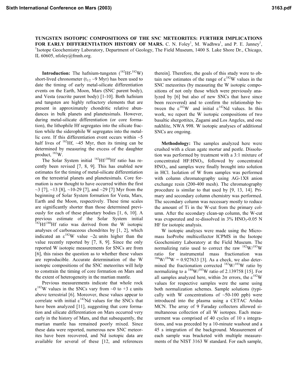 Tungsten Isotopic Compositions of the Snc Meteorites: Further Implications for Early Differentiation History of Mars