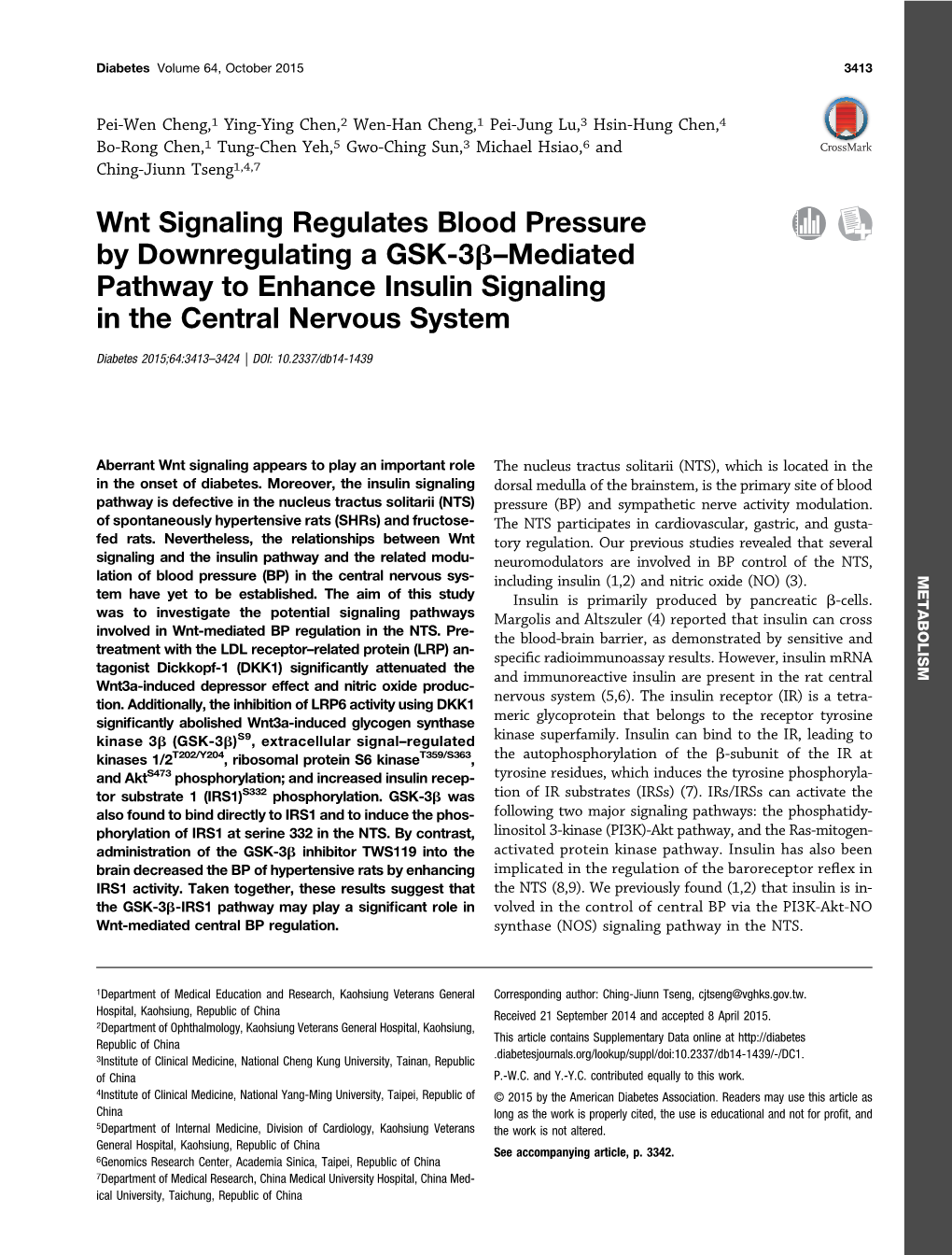 Wnt Signaling Regulates Blood Pressure by Downregulating a GSK-3B–Mediated Pathway to Enhance Insulin Signaling in the Central Nervous System