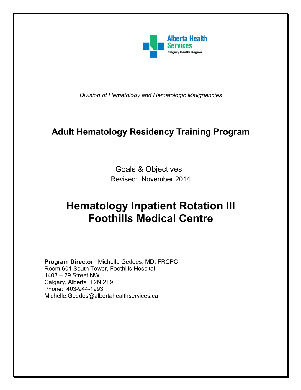 Clinical Inpatient Rotations Foothills Medical Centre