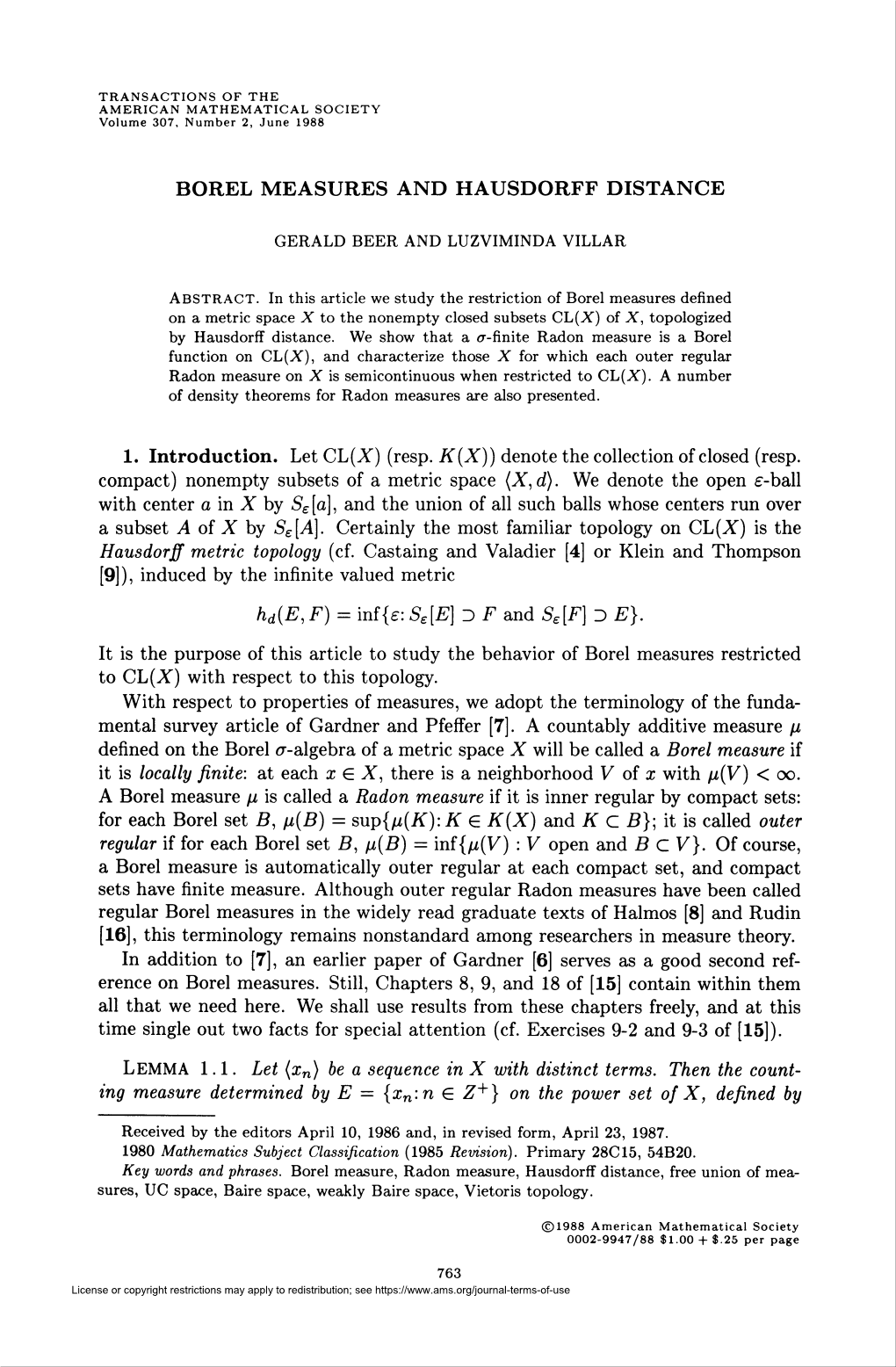 Borel Measures and Hausdorff Distance