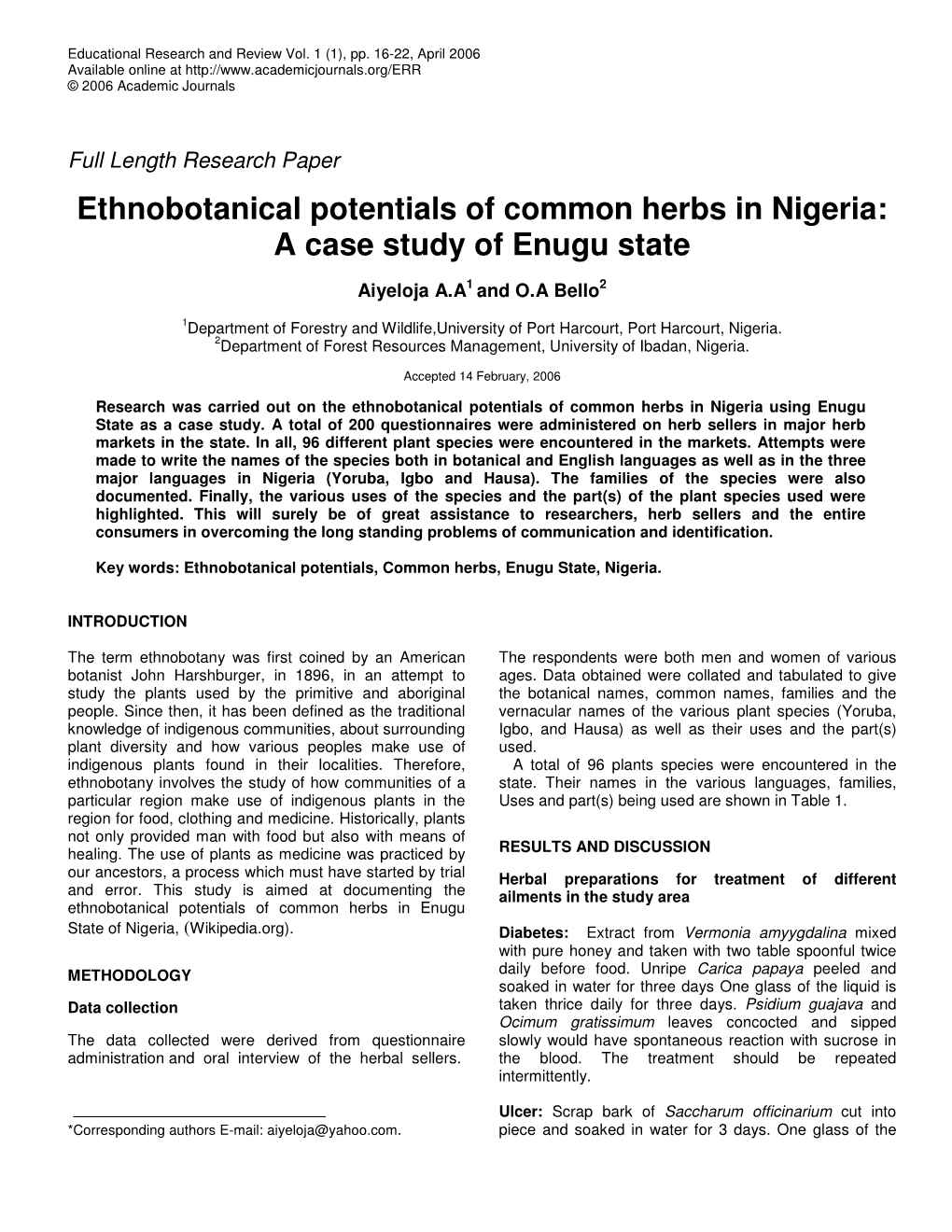 Ethnobotanical Potentials of Common Herbs in Nigeria: a Case Study of Enugu State