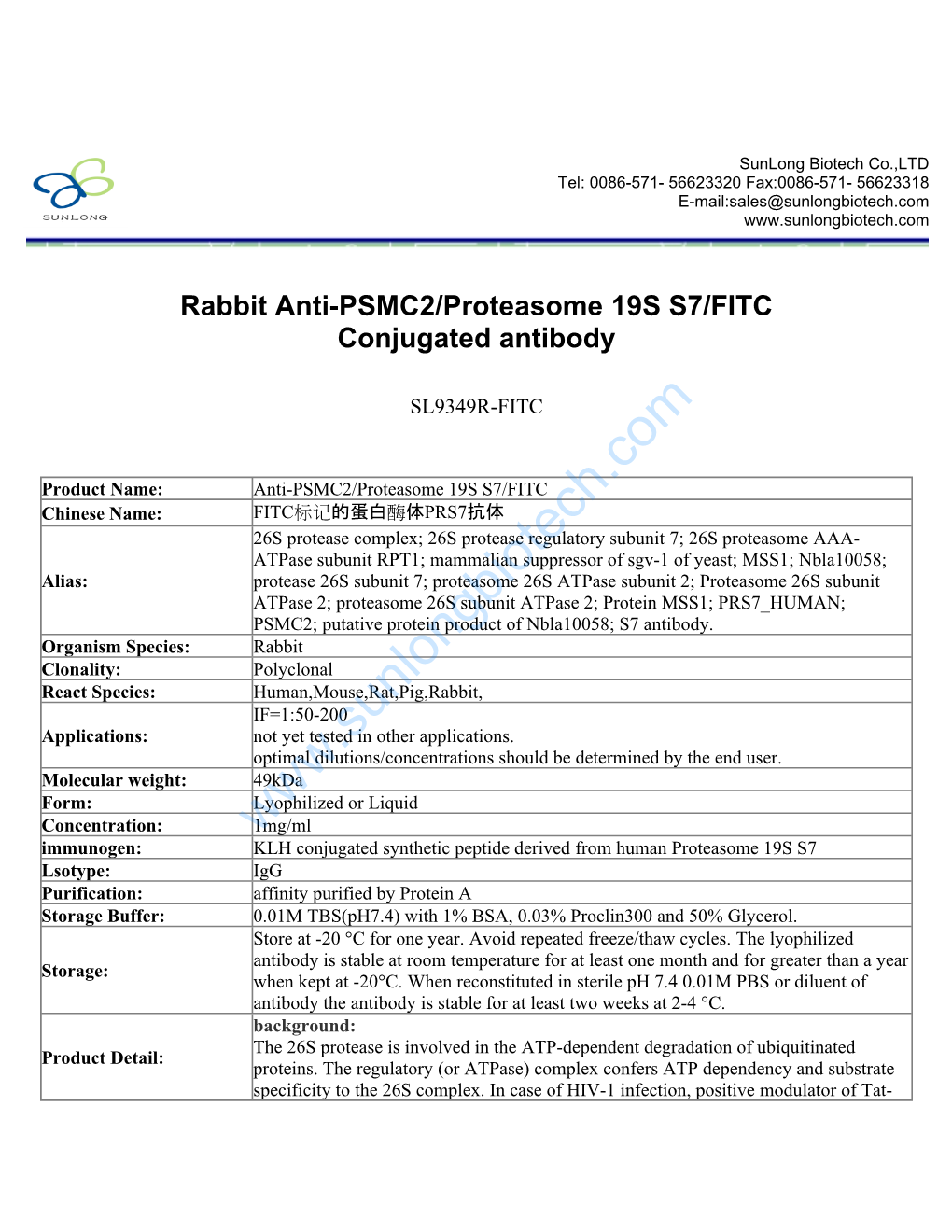 Rabbit Anti-PSMC2/Proteasome 19S S7/FITC Conjugated Antibody