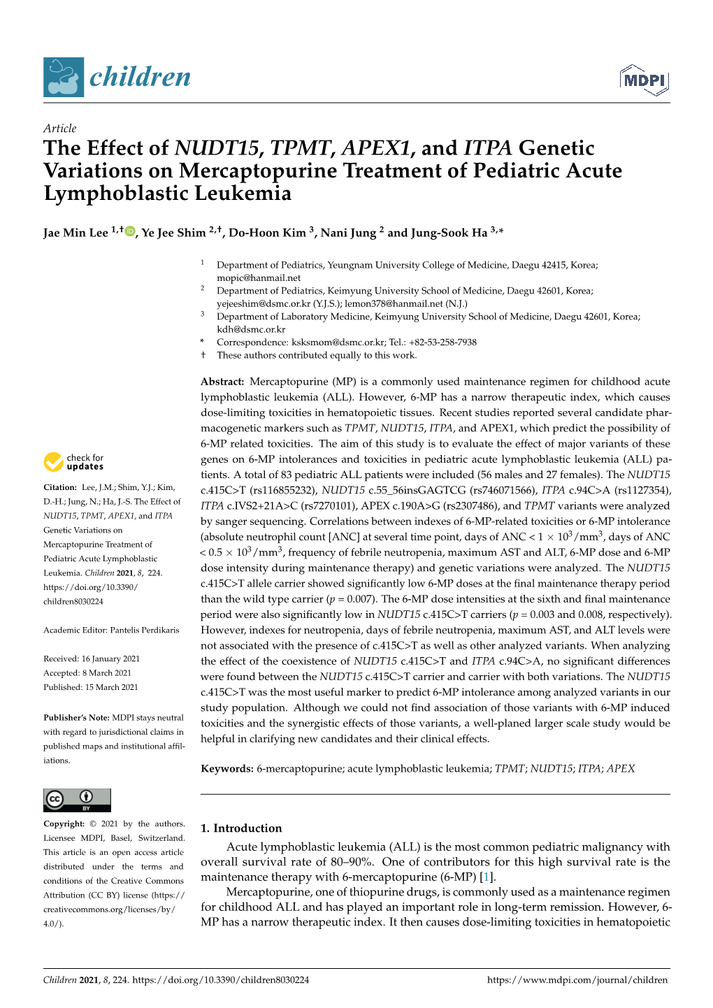 The Effect of NUDT15, TPMT, APEX1, and ITPA Genetic Variations on Mercaptopurine Treatment of Pediatric Acute Lymphoblastic Leukemia