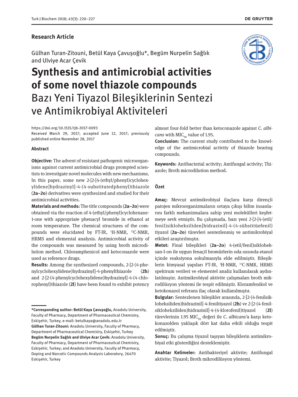 Synthesis and Antimicrobial Activities of Some Novel Thiazole Compounds