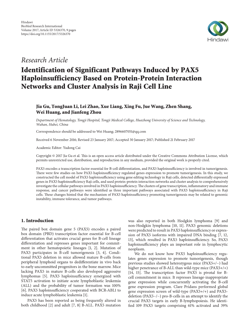 Identification of Significant Pathways Induced by PAX5 Haploinsufficiency Based on Protein-Protein Interaction Networks and Cluster Analysis in Raji Cell Line