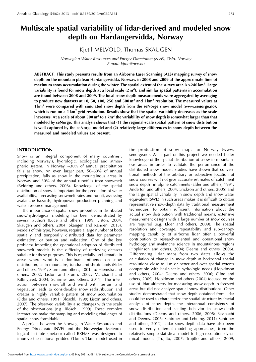 Multiscale Spatial Variability of Lidar-Derived and Modeled Snow Depth on Hardangervidda, Norway