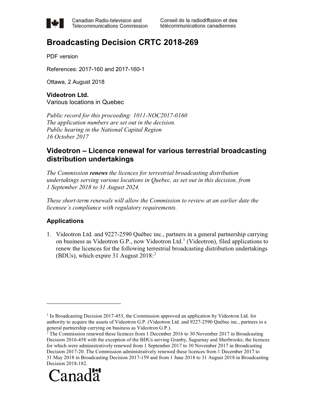 Videotron – Licence Renewal for Various Terrestrial Broadcasting Distribution Undertakings