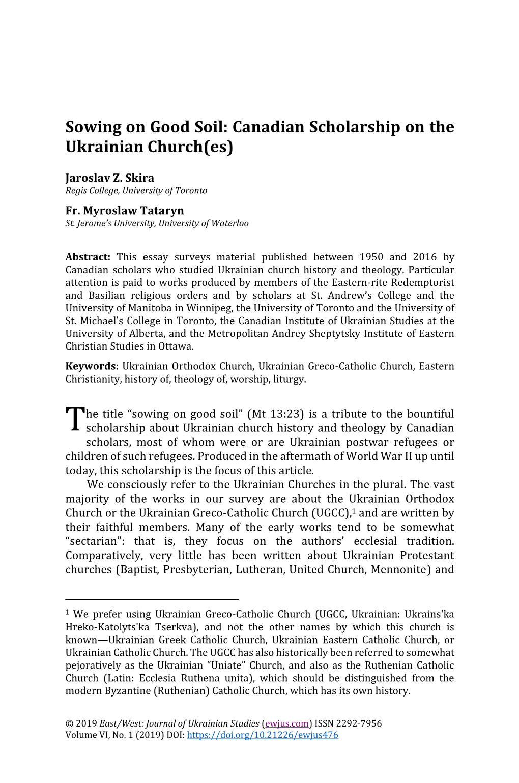 Canadian Scholarship on the Ukrainian Church(Es), EWJUS, Vol