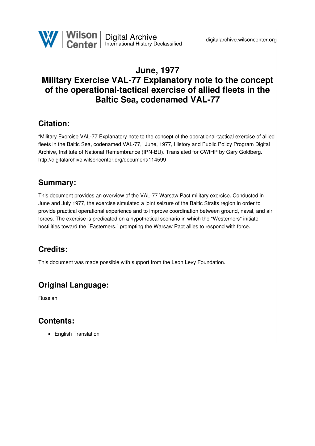 June, 1977 Military Exercise VAL-77 Explanatory Note to the Concept of the Operational-Tactical Exercise of Allied Fleets in the Baltic Sea, Codenamed VAL-77