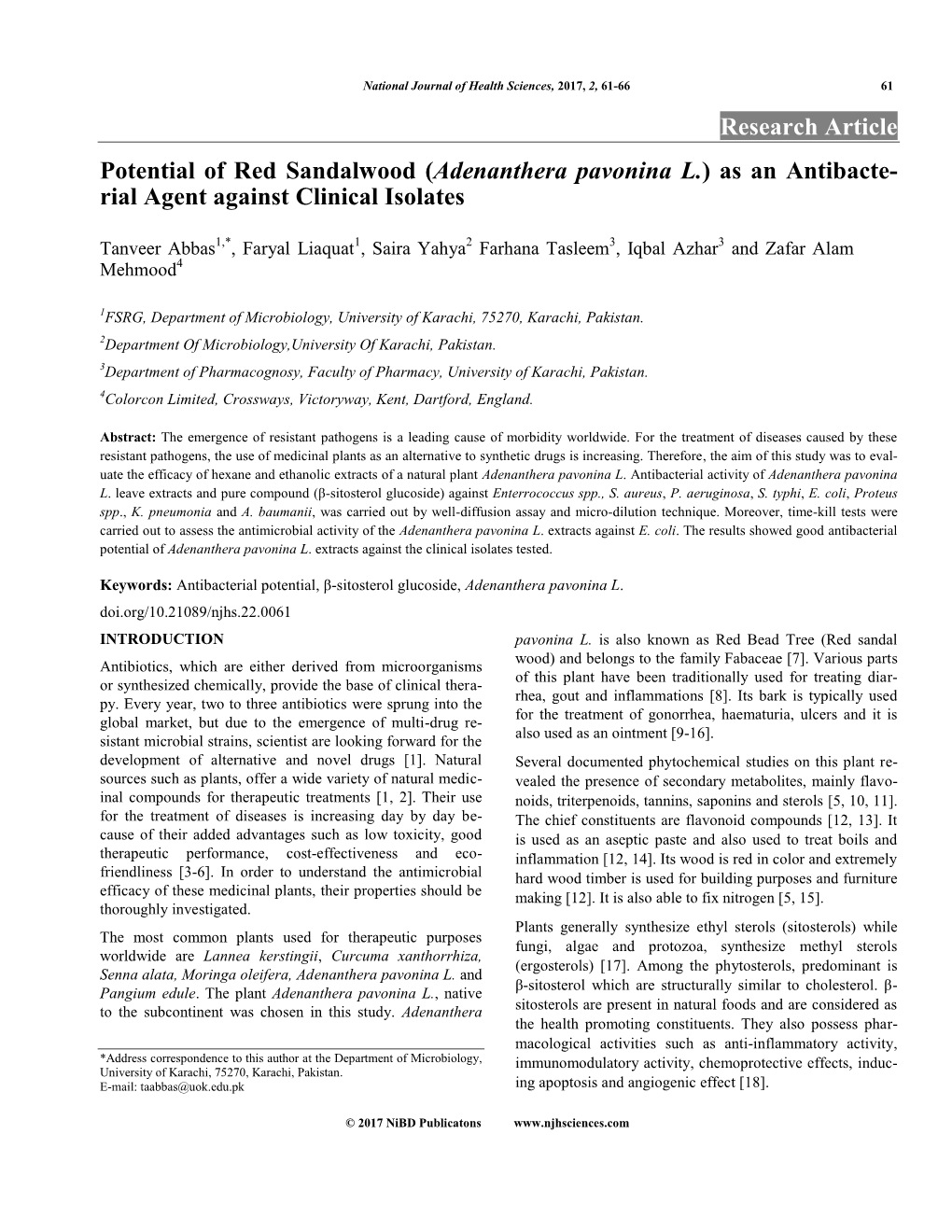 Adenanthera Pavonina L.) As an Antibacte- Rial Agent Against Clinical Isolates