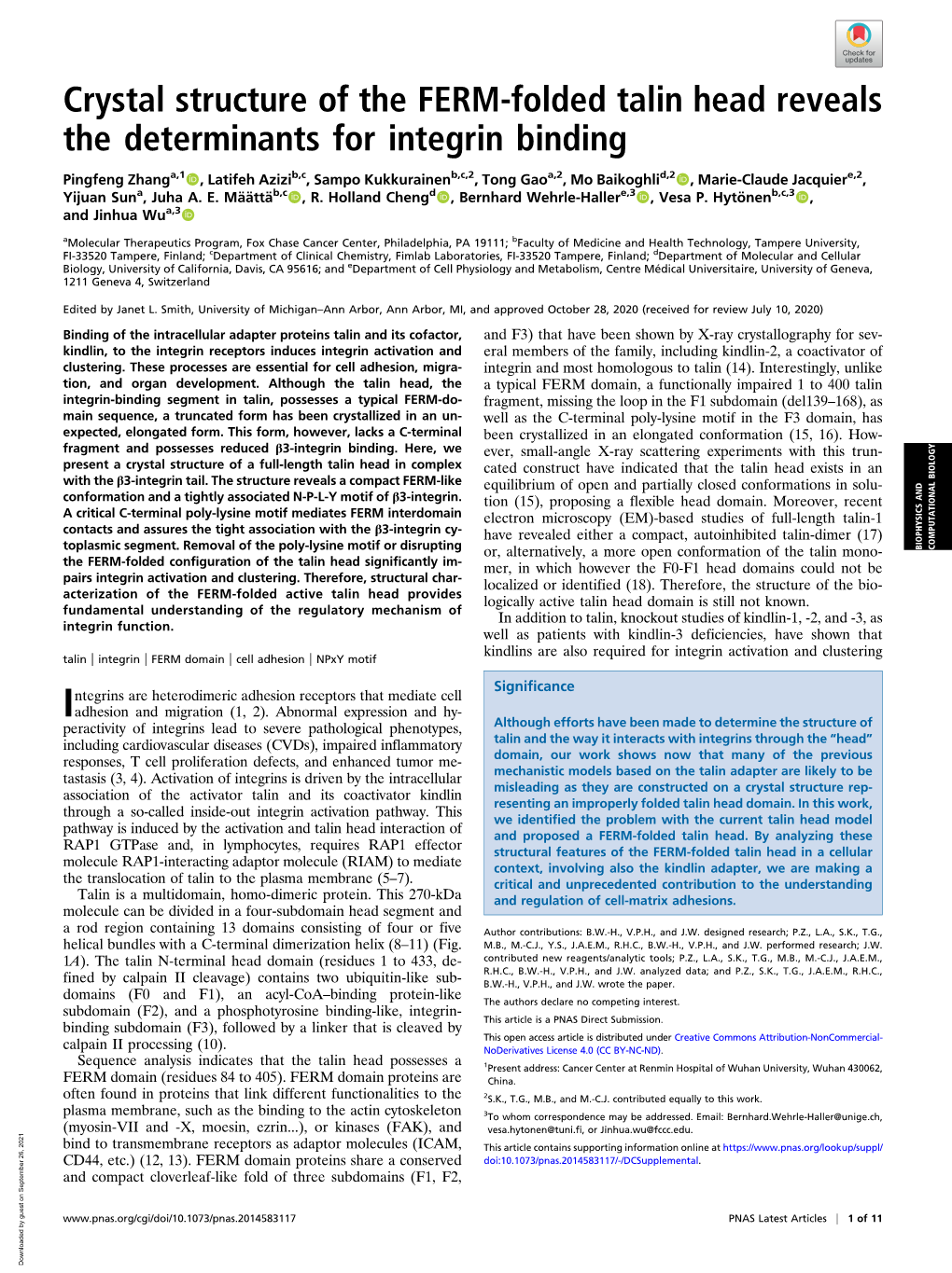 Crystal Structure of the FERM-Folded Talin Head Reveals the Determinants for Integrin Binding