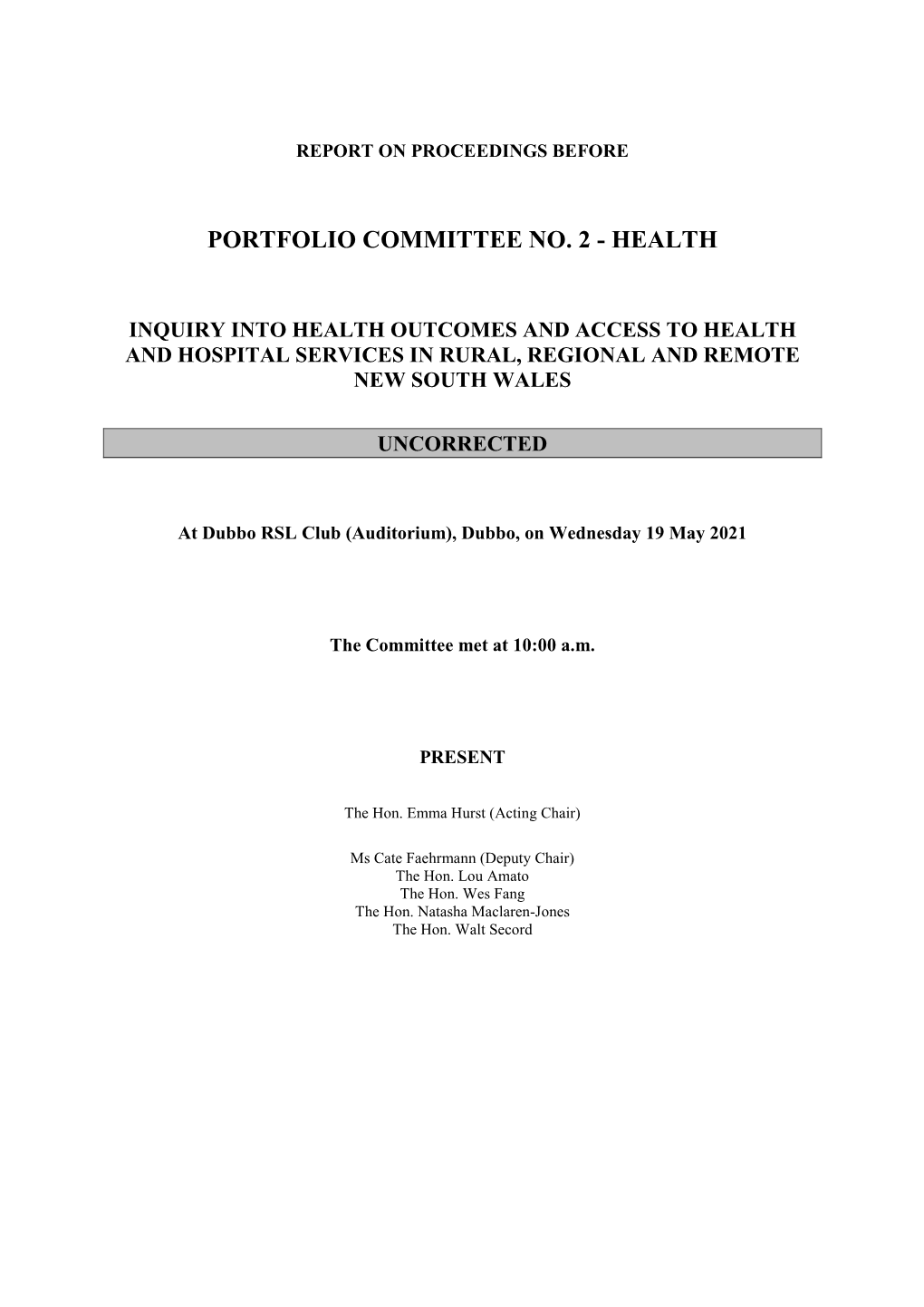 Portfolio Committee No. 2 - Health