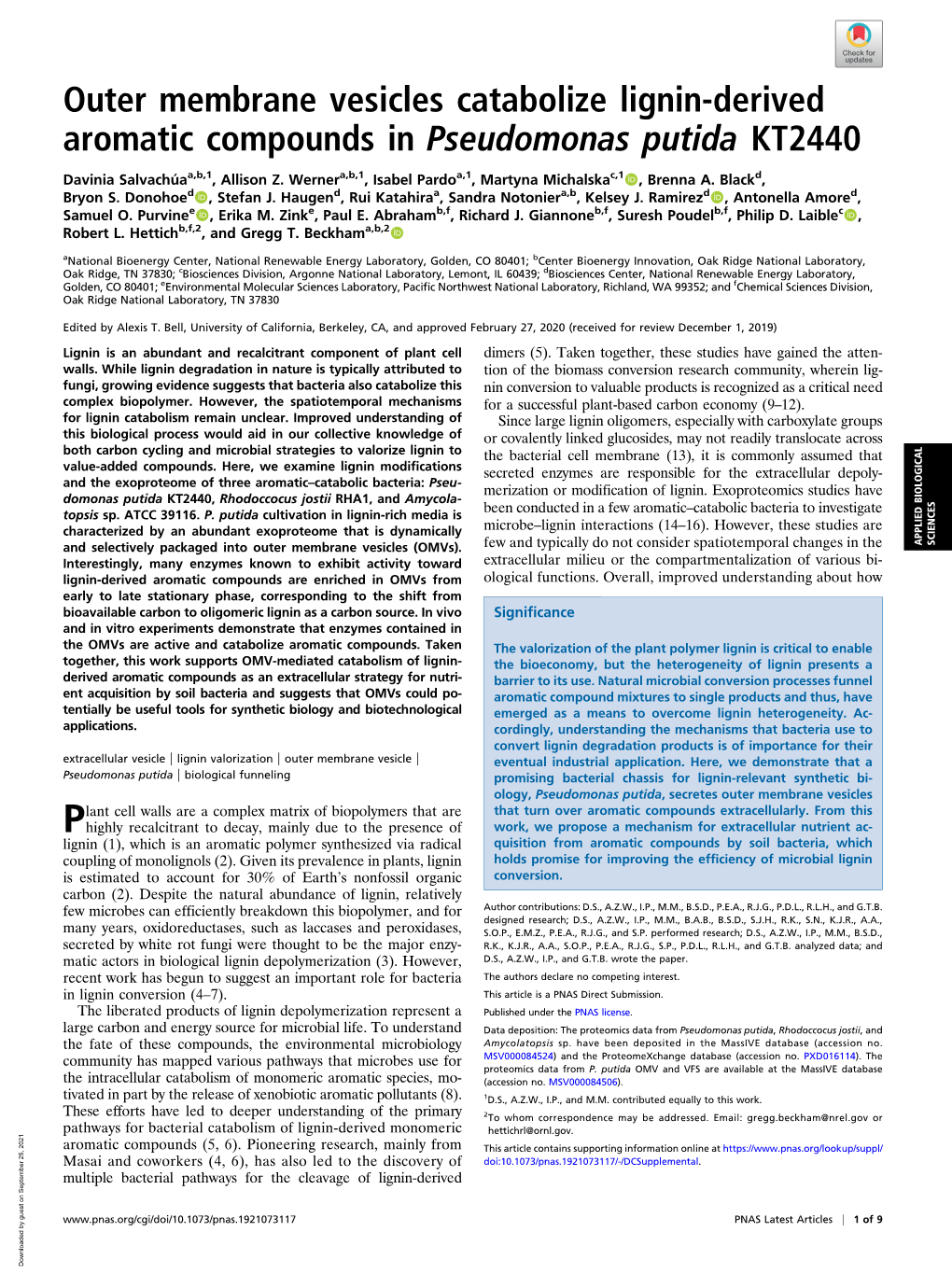 Outer Membrane Vesicles Catabolize Lignin-Derived Aromatic Compounds in Pseudomonas Putida KT2440