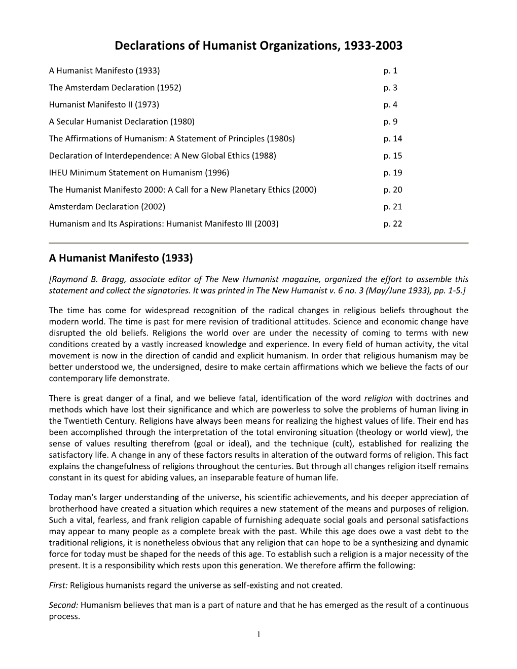 Declarations of Humanist Organizations, 1933-2003