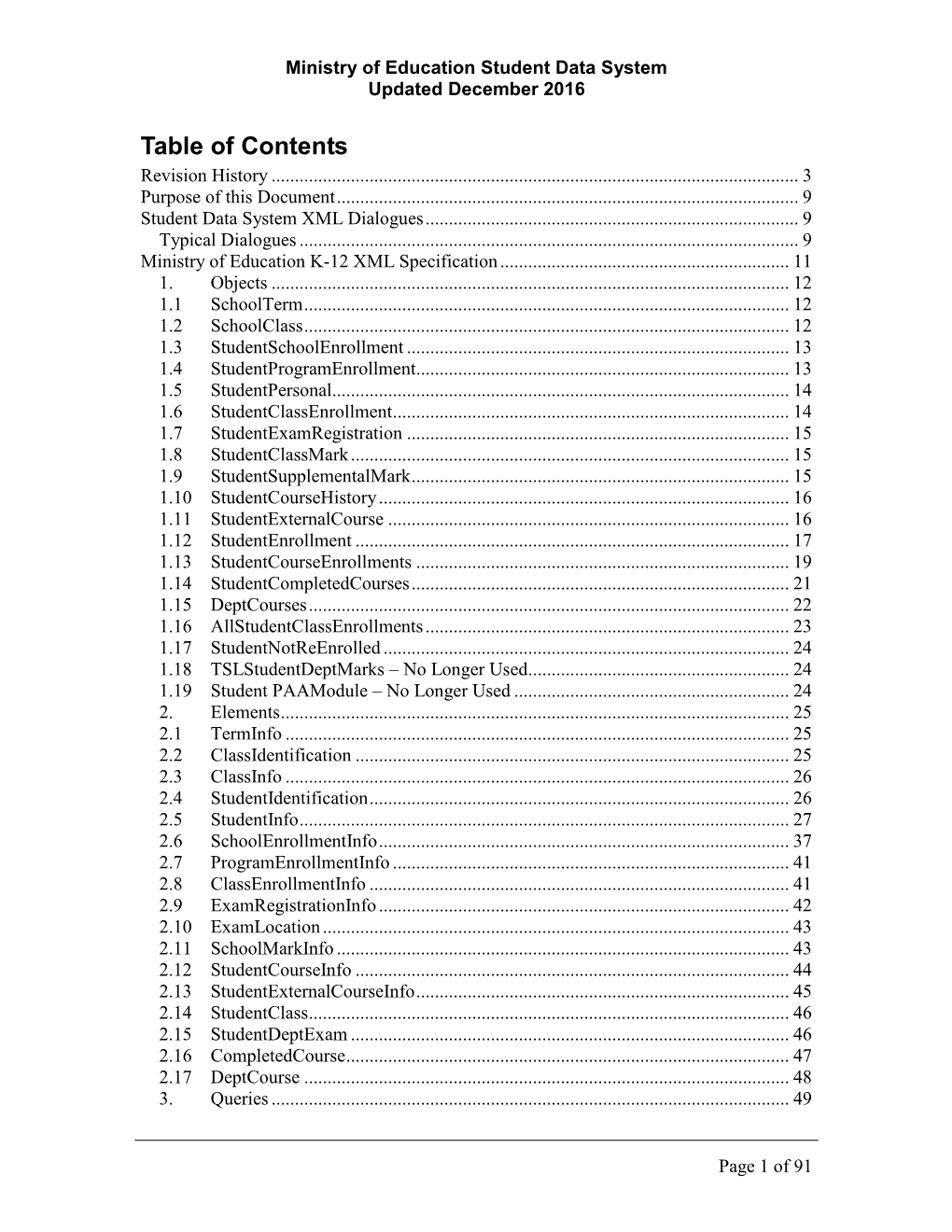 XML Specifications Document