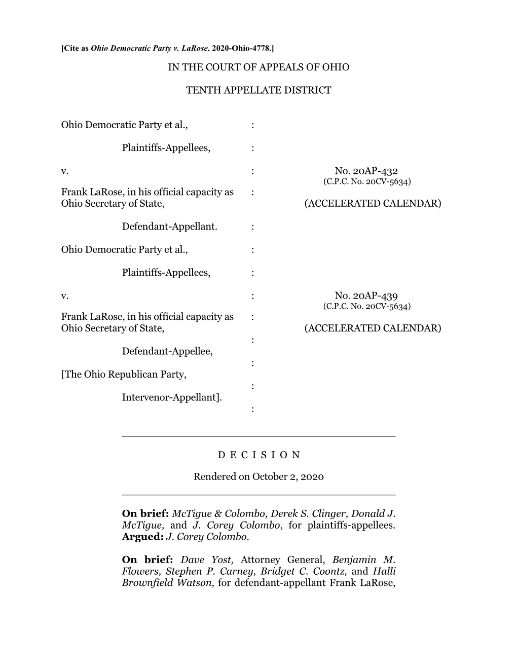 Ohio Democratic Party V. Larose, 2020-Ohio-4778.] in the COURT of APPEALS of OHIO