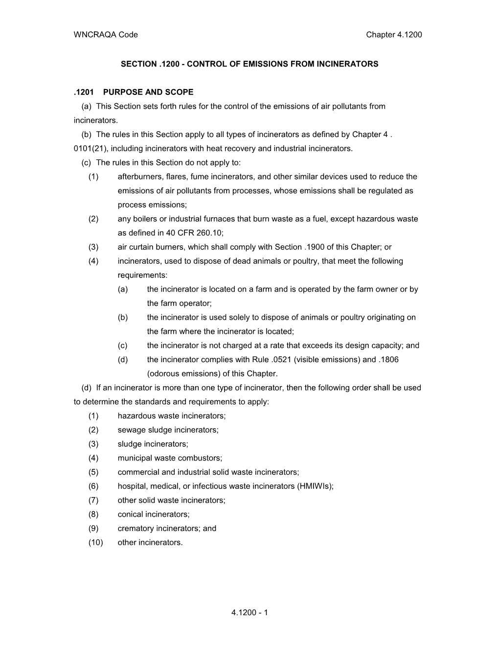 Section .1200 - Control of Emissions from Incinerators