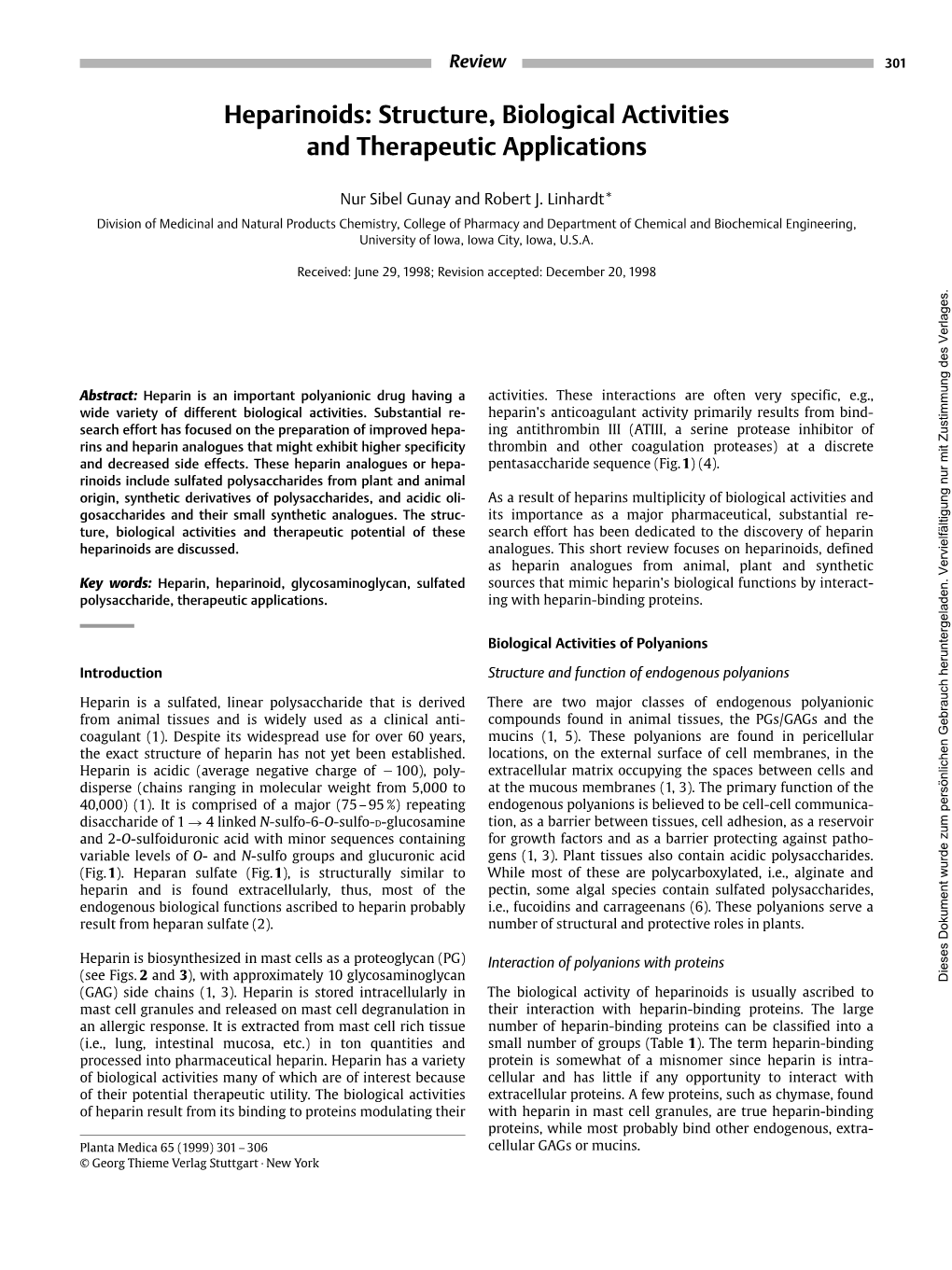 Heparinoids: Structure, Biological Activities and Therapeutic Applications