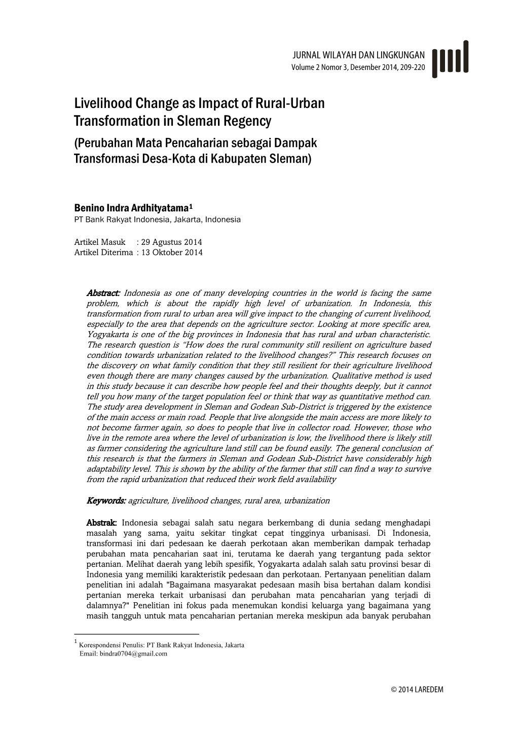 Livelihood Change As Impact of Rural-Urban Transformation in Sleman Regency (Perubahan Mata Pencaharian Sebagai Dampak Transformasi Desa-Kota Di Kabupaten Sleman)