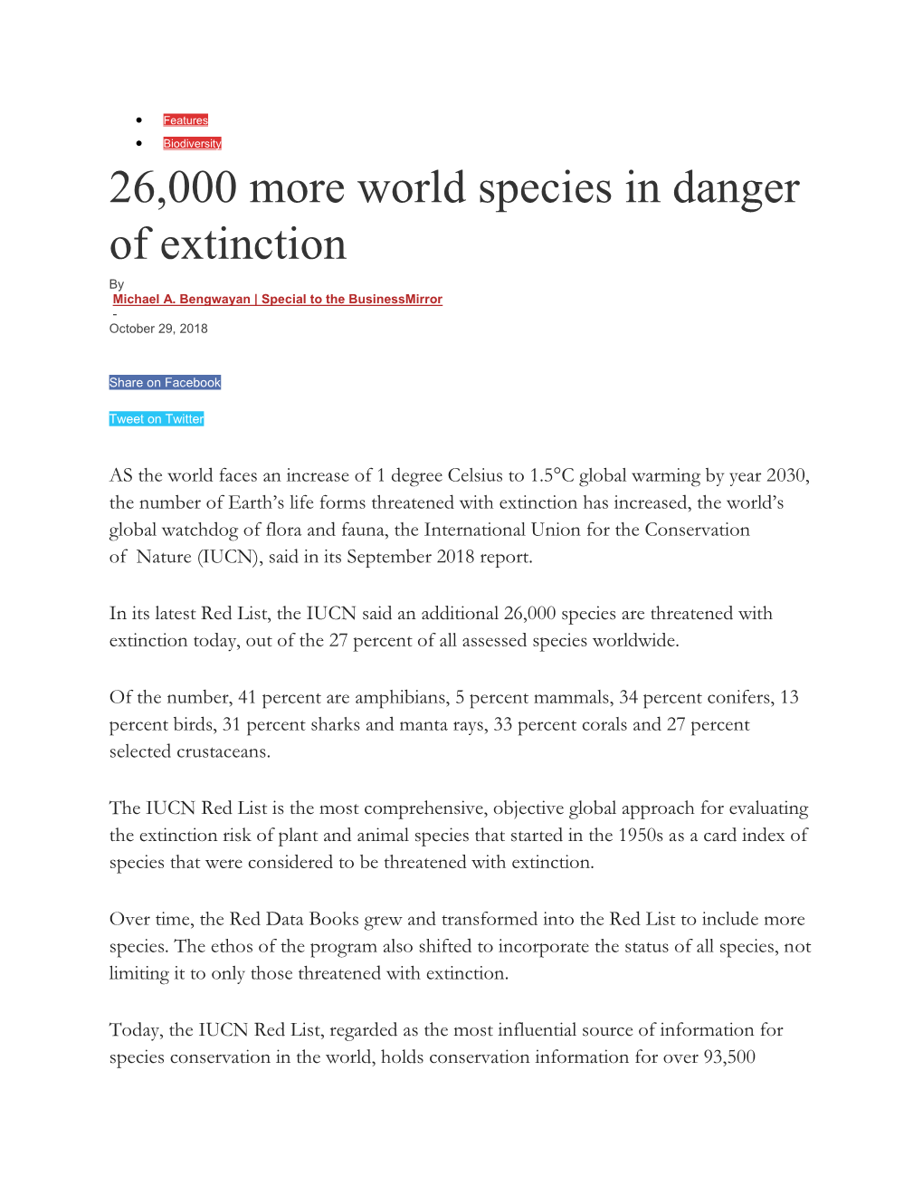 26,000 More World Species in Danger of Extinction by Michael A