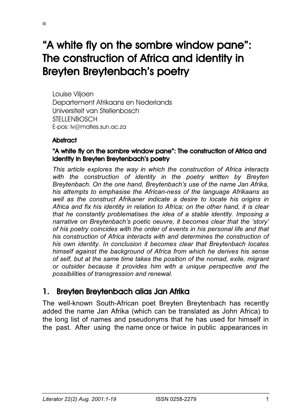 The Construction of Africa and Identity in Breyten Breytenbach’S Poetry