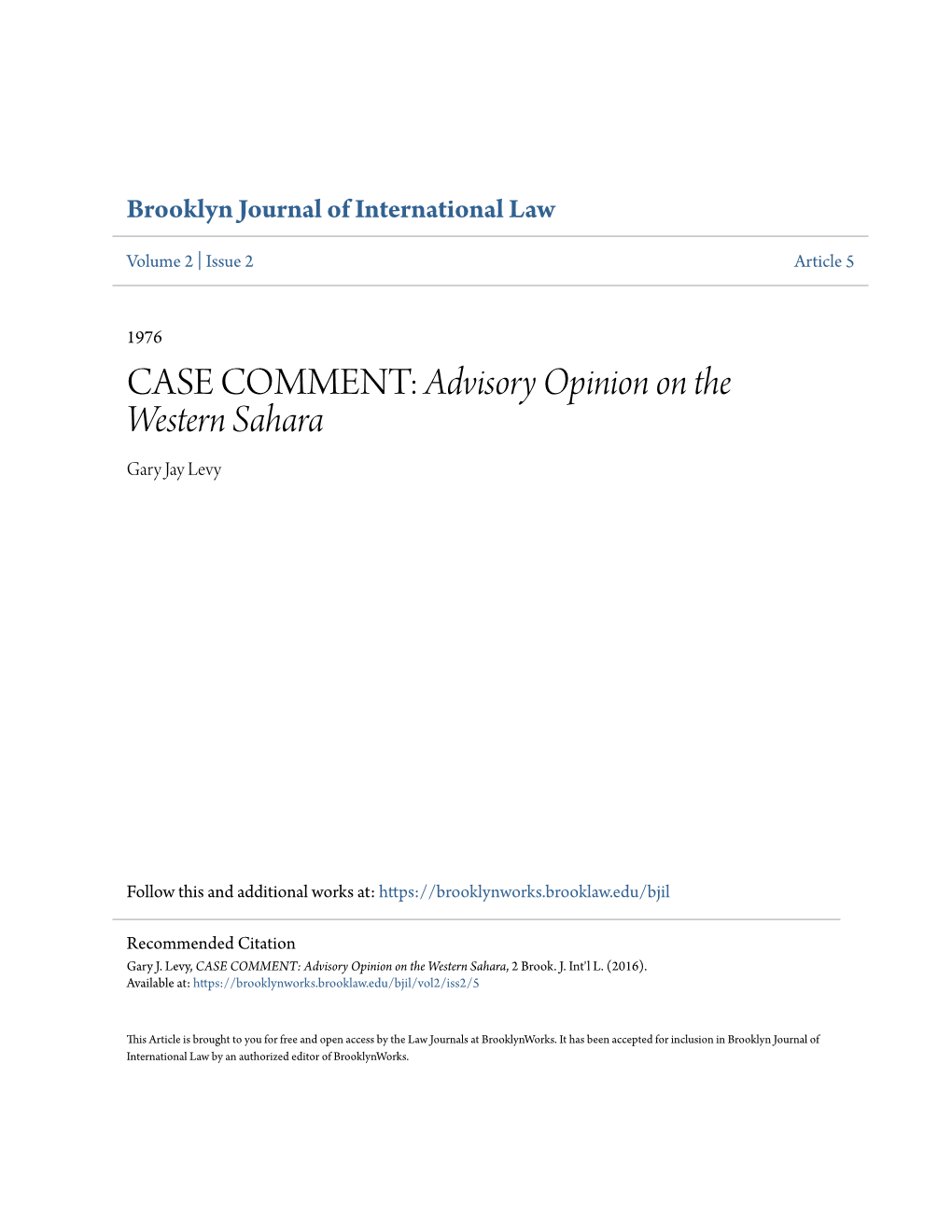 Advisory Opinion on the Western Sahara Gary Jay Levy