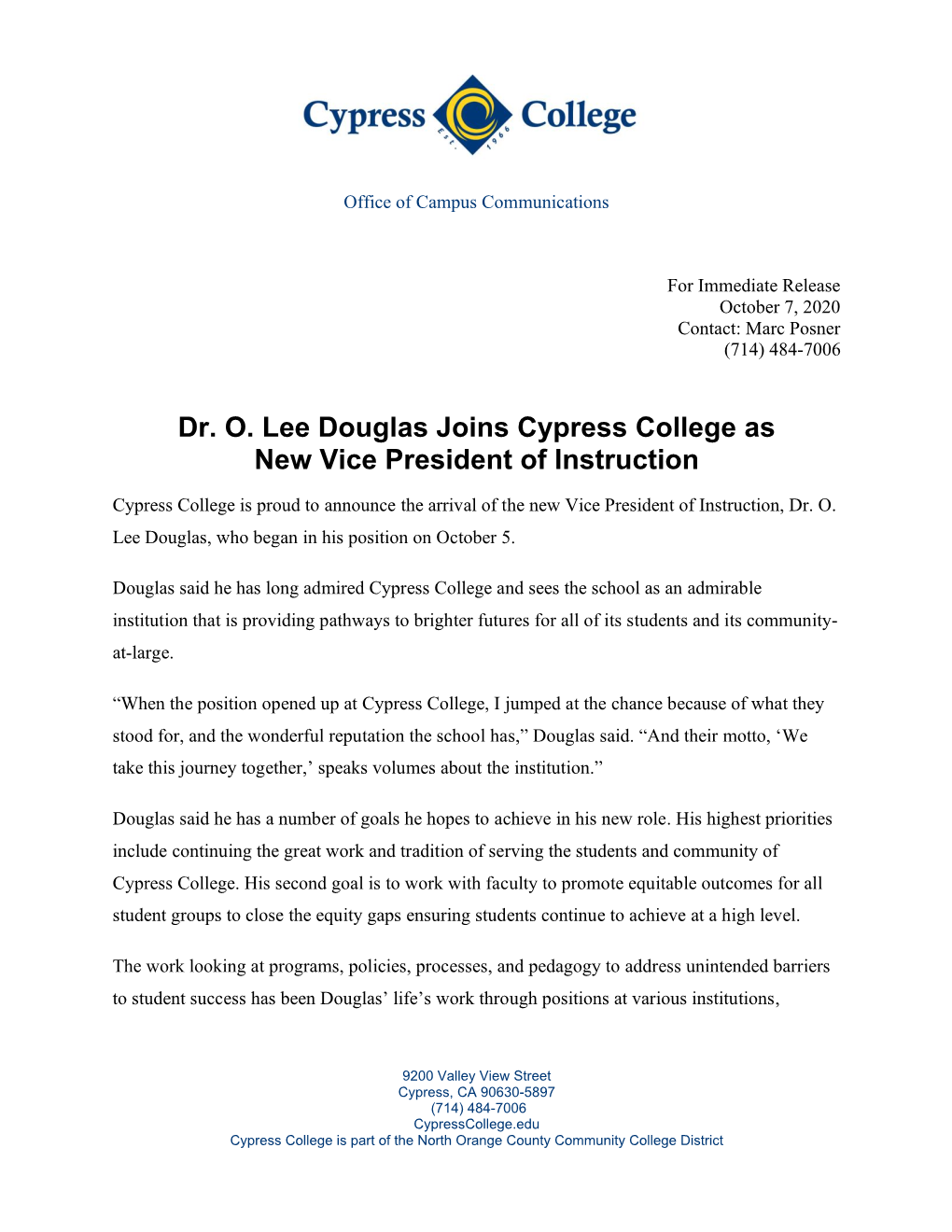 Dr Lee Douglas Joins Cypress College