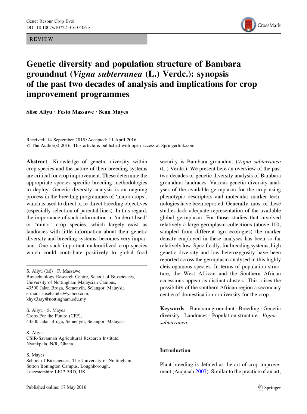 Genetic Diversity and Population Structure of Bambara Groundnut