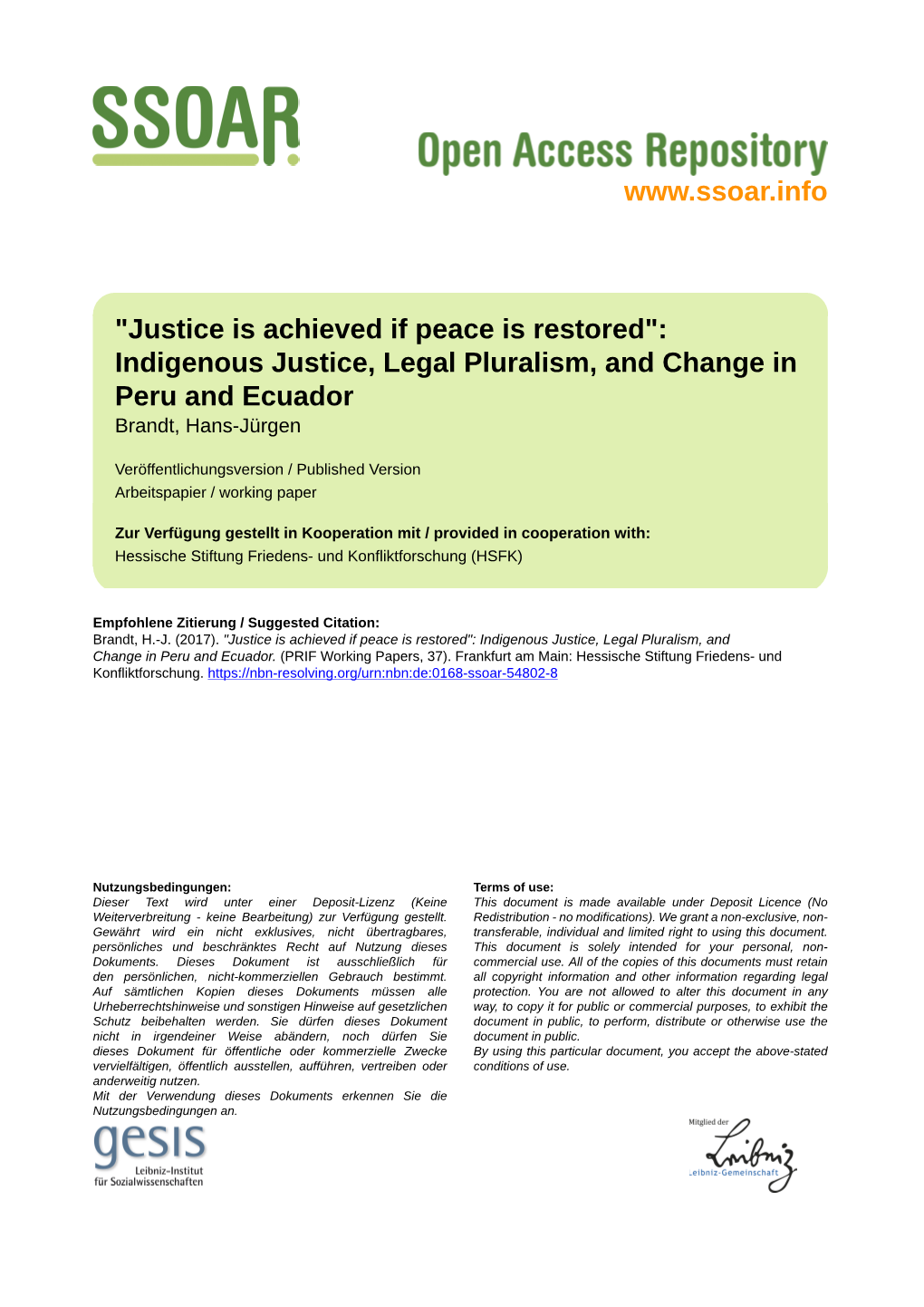 Indigenous Justice, Legal Pluralism, and Change in Peru and Ecuador Brandt, Hans-Jürgen